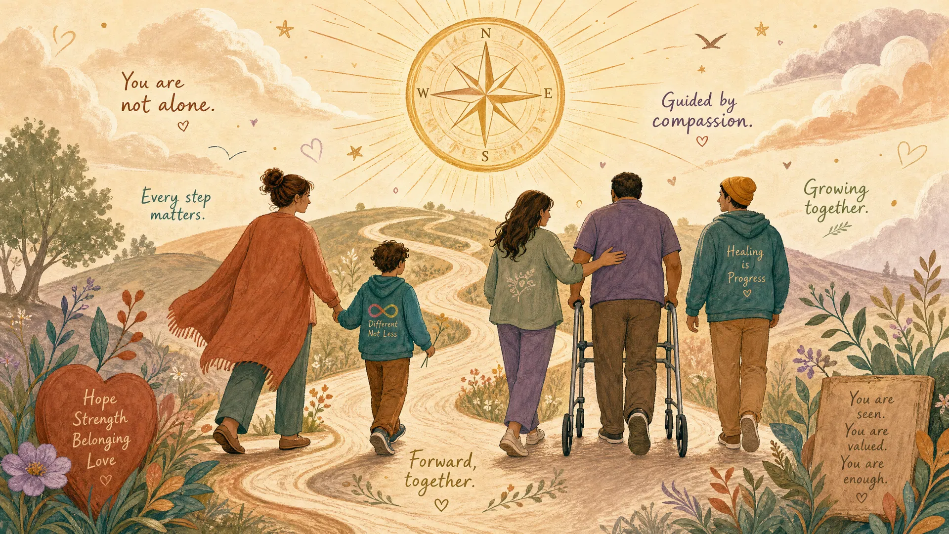 Families walking together along a guiding pathway