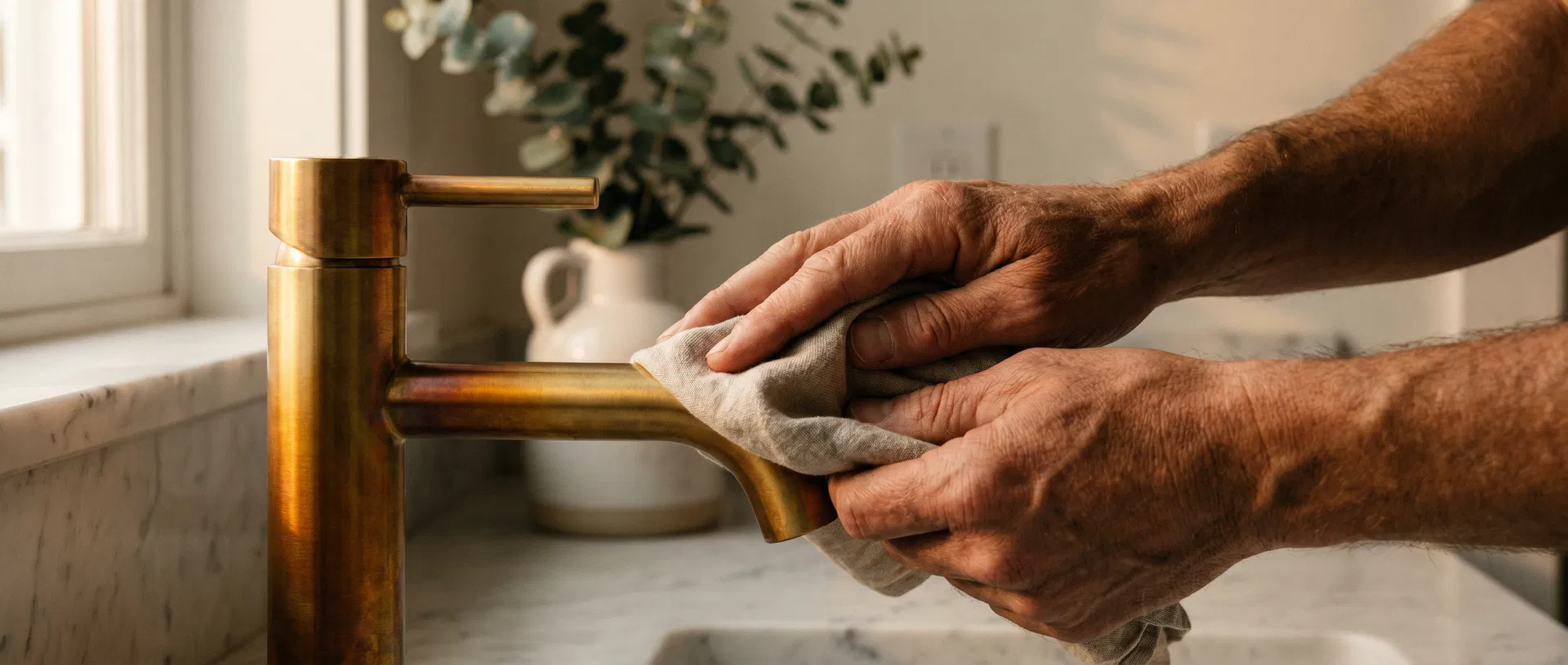 Artisan hands polishing brass faucet with linen cloth
