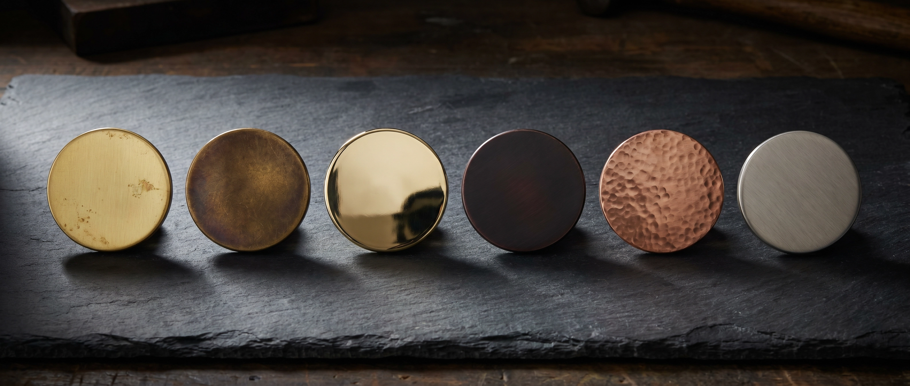 Six signature brass and copper finishes on dark slate
