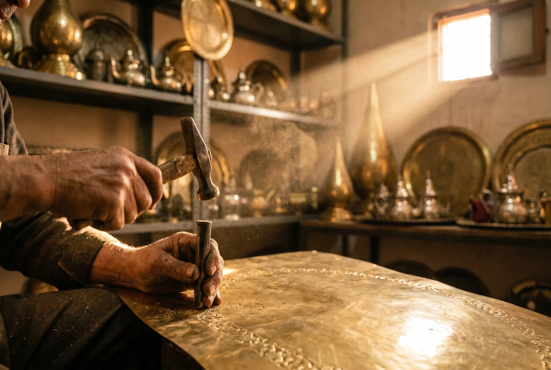 Artisan hands hammering brass in traditional Moroccan workshop