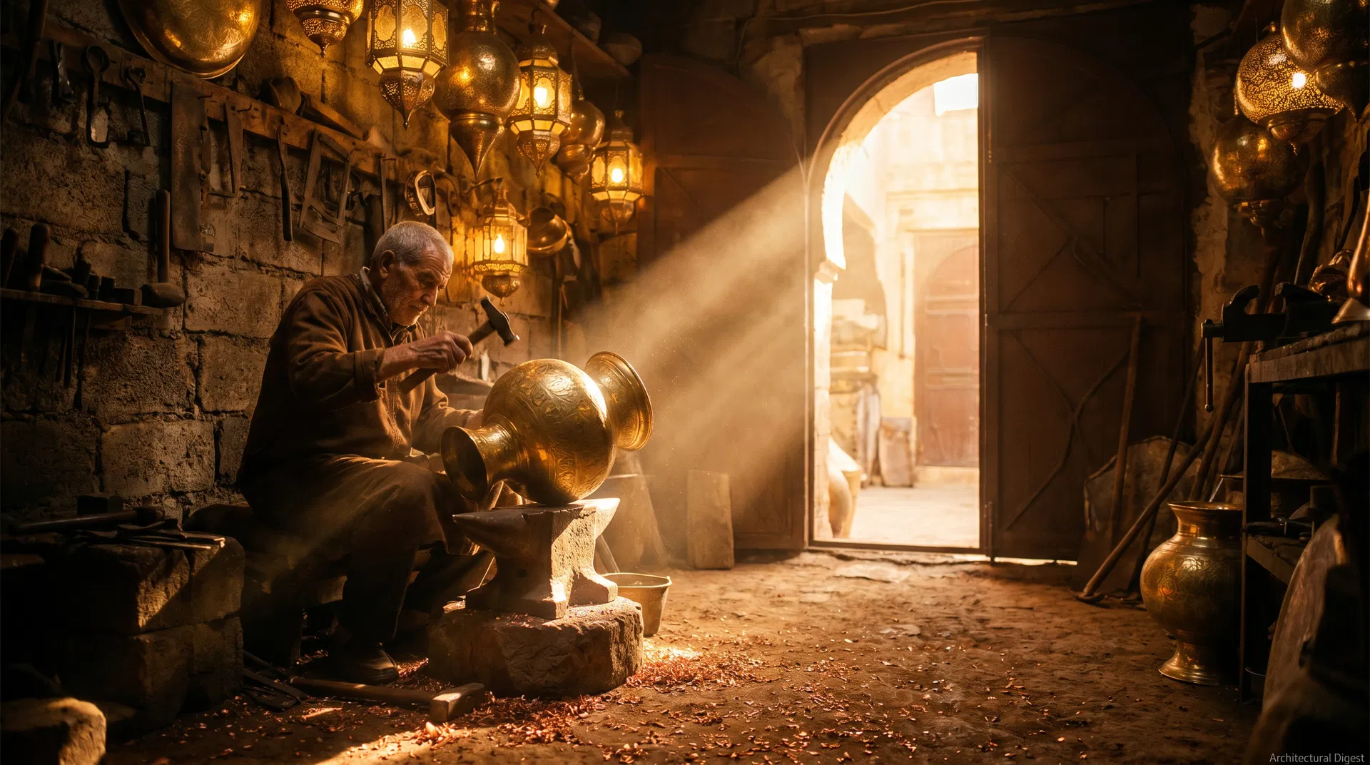Moroccan artisan forging brass in his workshop
