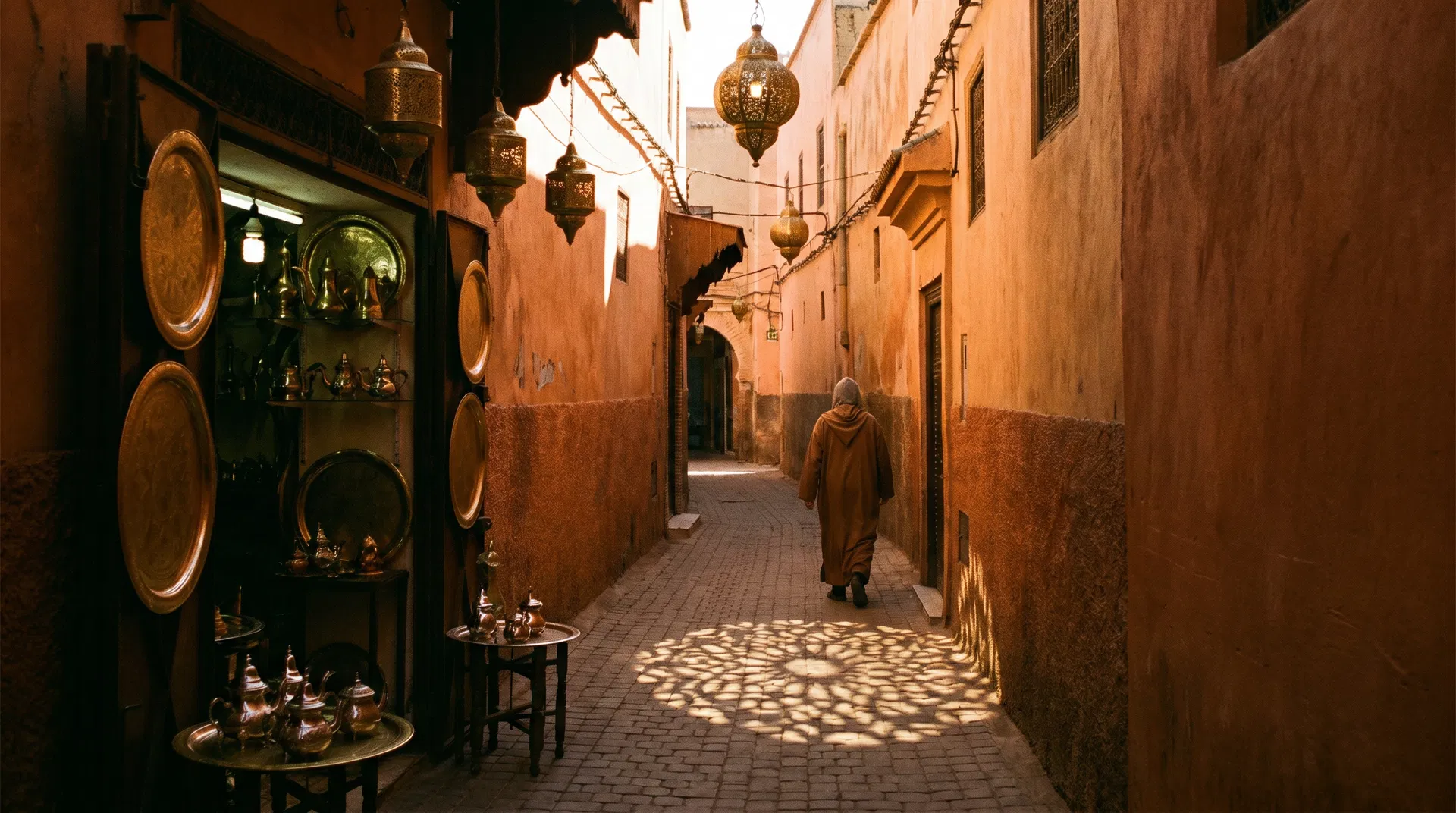 Golden hour in the Marrakech medina with brass lanterns