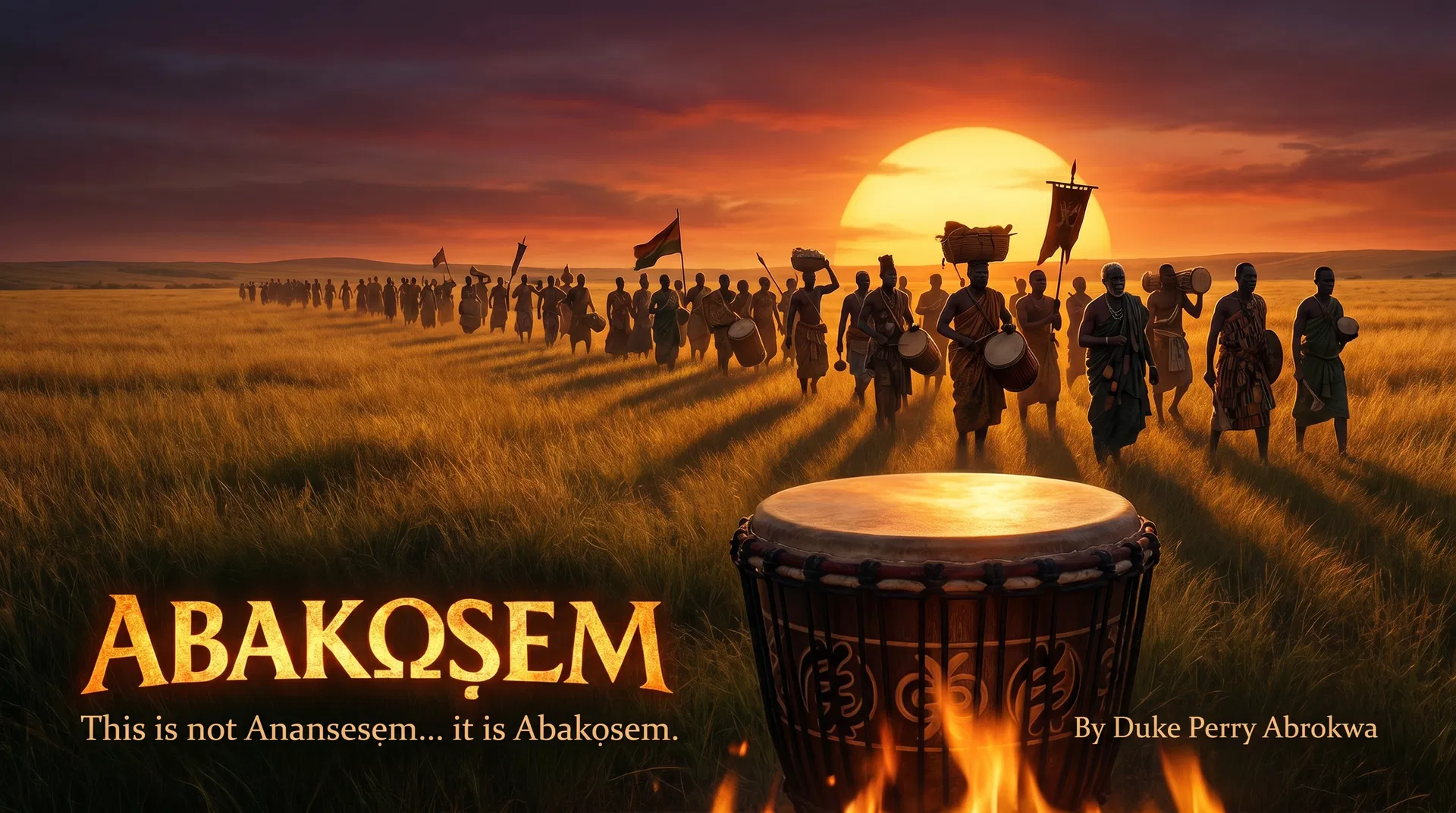 Abakɔsɛm wide advertising banner — Akan migration at sunset