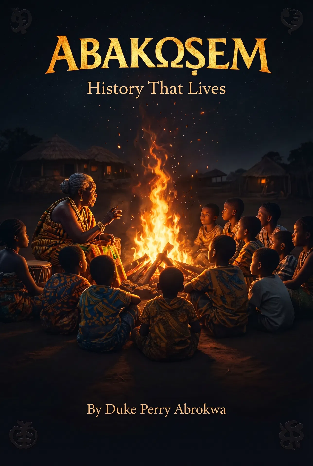 Abakɔsɛm book advertising poster — bonfire storytelling scene