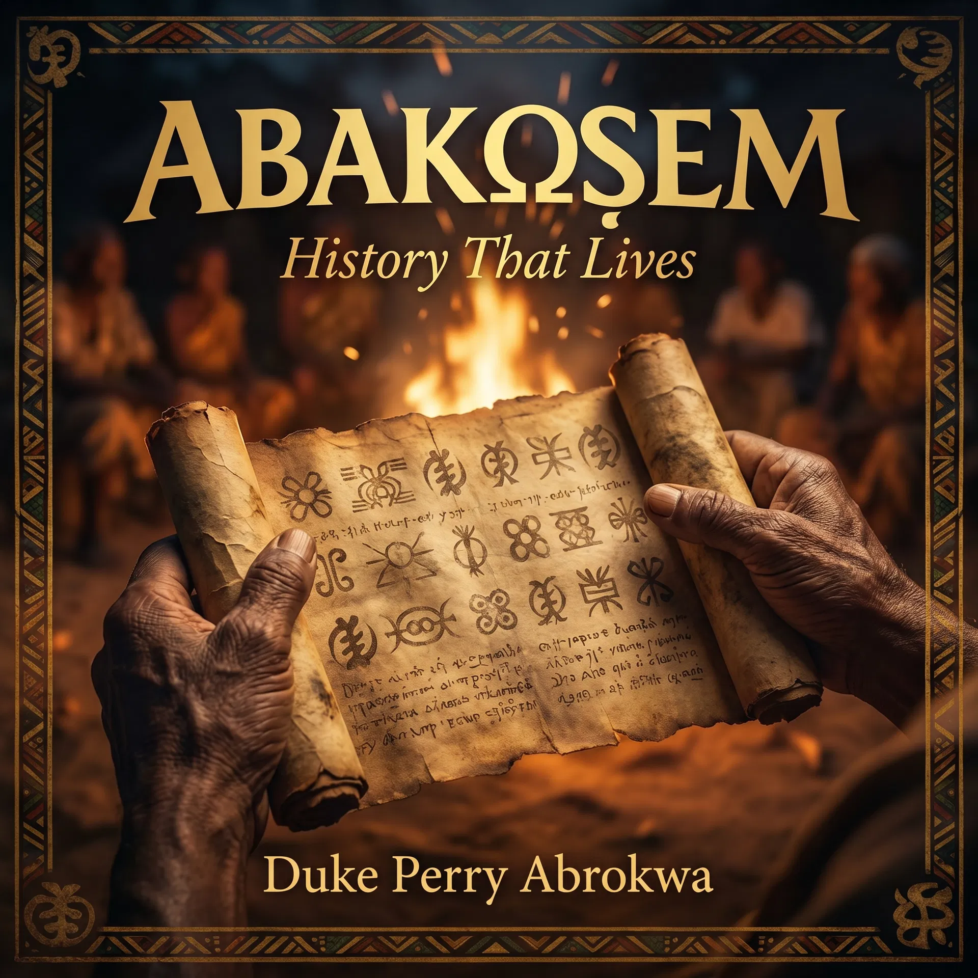Abakɔsɛm square social media ad — ancient scroll with Adinkra symbols