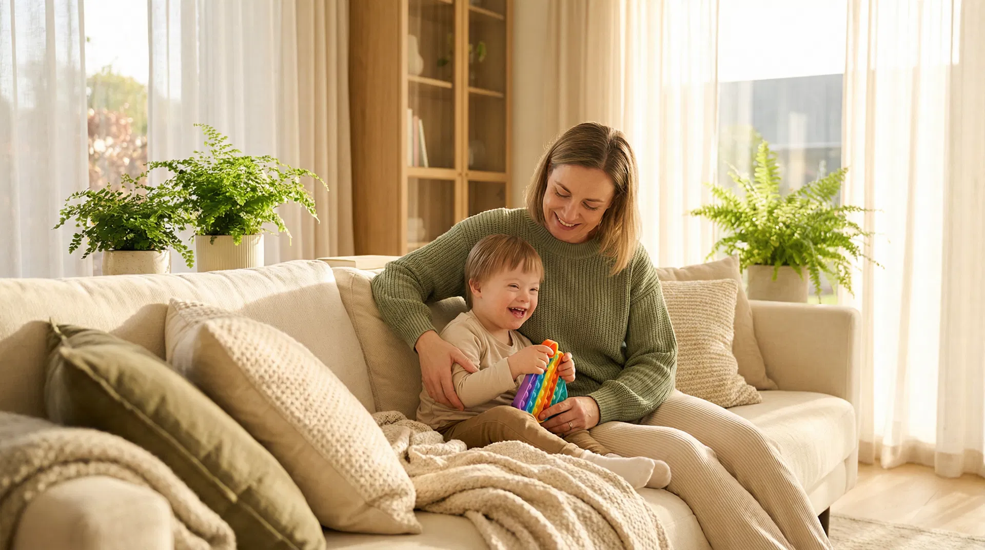 Mother and child sharing a warm moment on a cozy couch