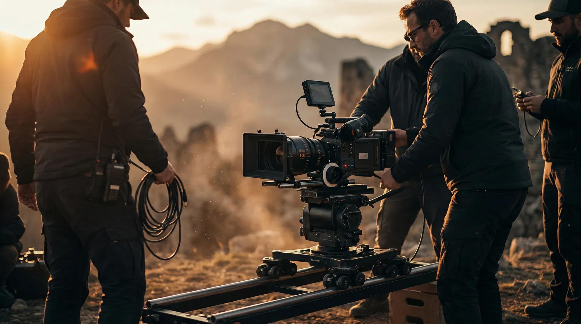 Film production crew at golden hour