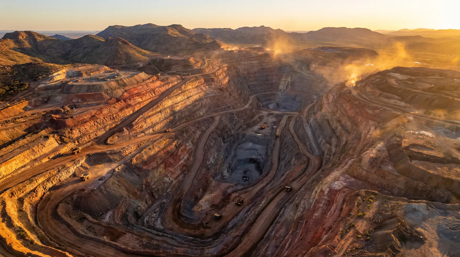 Open pit mine at golden hour