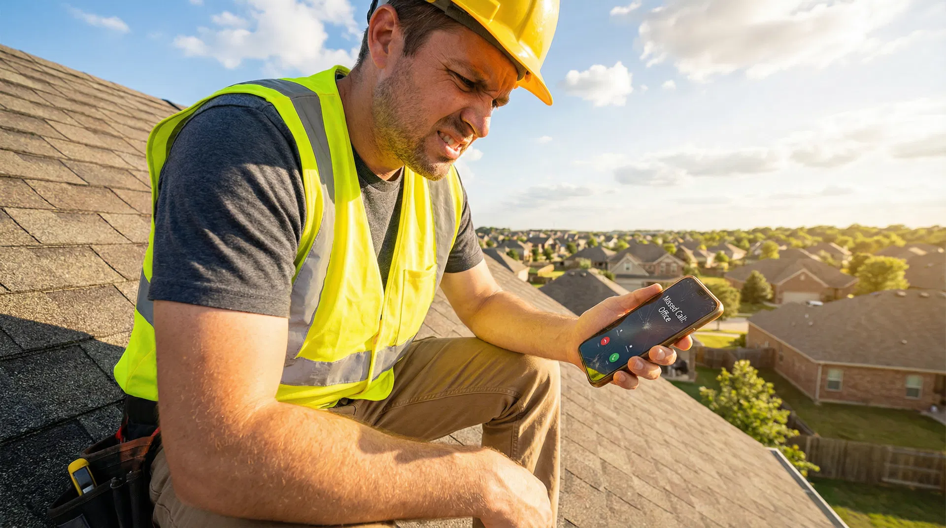 Contractor on roof looking at missed call on phone