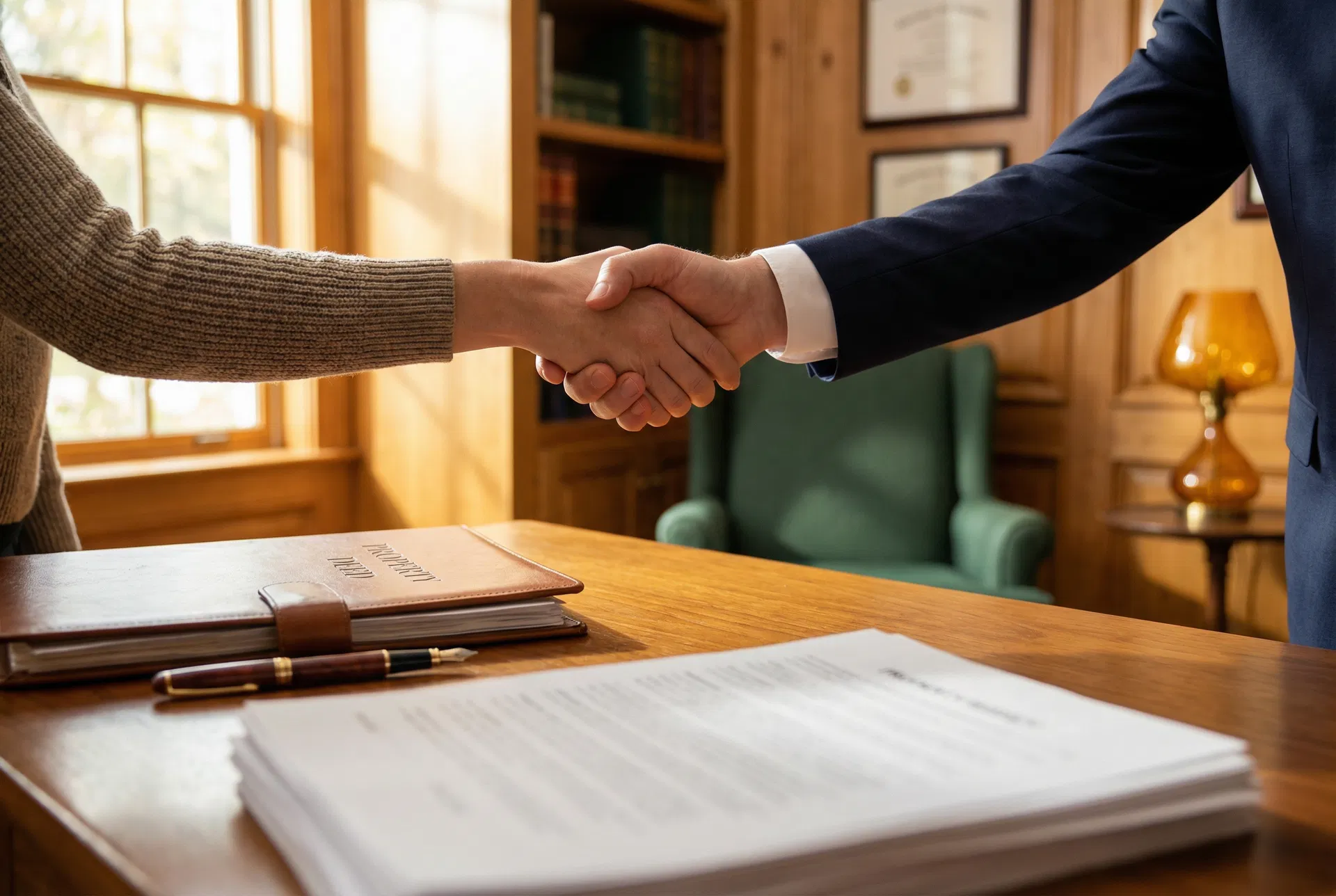 Professional handshake over title documents