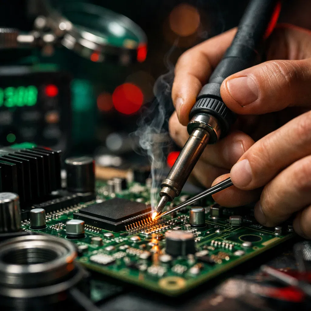 Técnico reparando placa electrónica