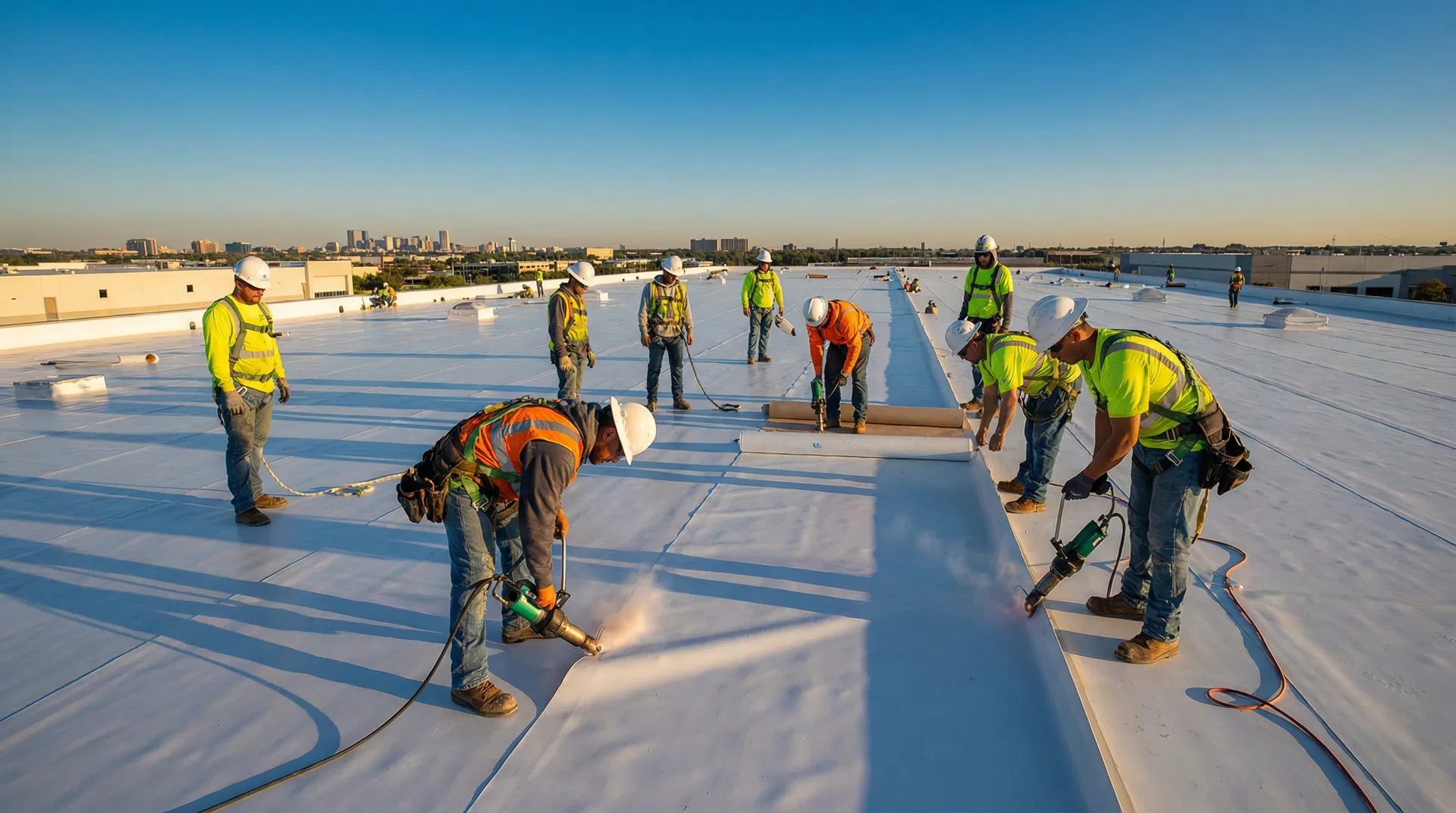 Commercial roofing crew at work