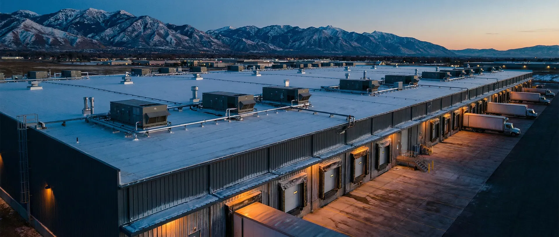 Cold storage facility at dusk