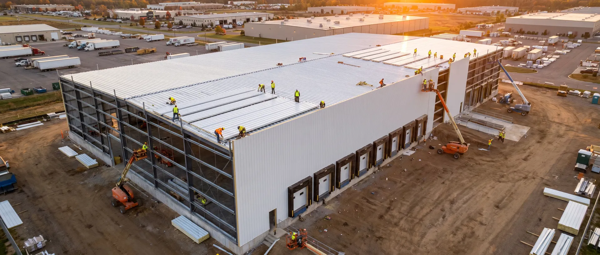 IronRidge crew installing IMPs and roofing on a cold storage facility