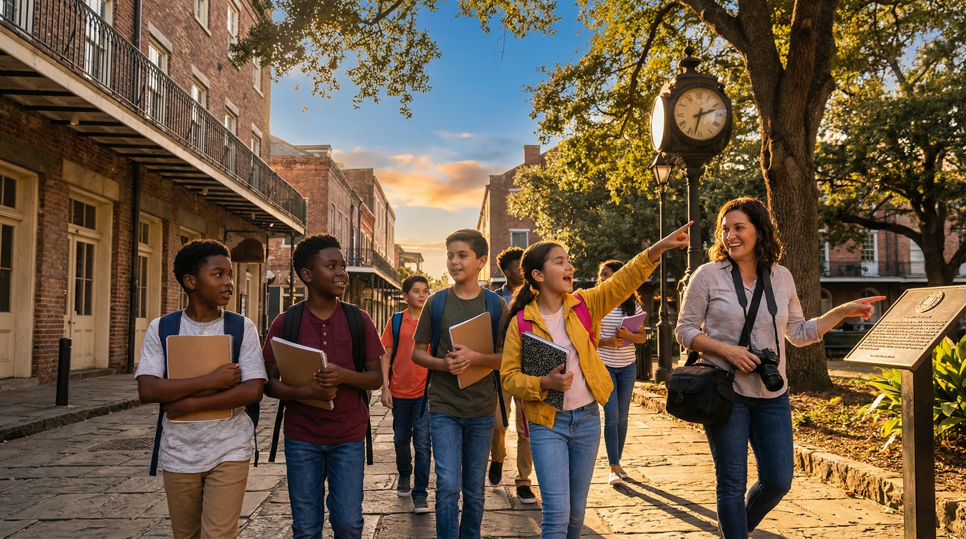 Students on an educational field trip through a historic city