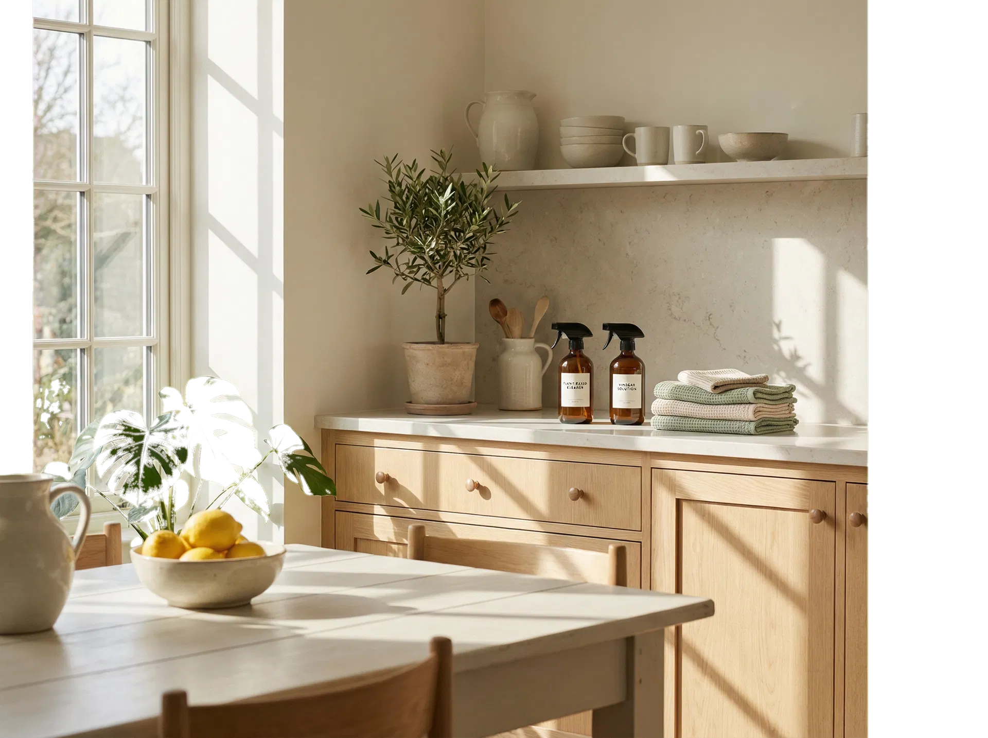 Sunlit kitchen with eco-friendly cleaning products arranged neatly
