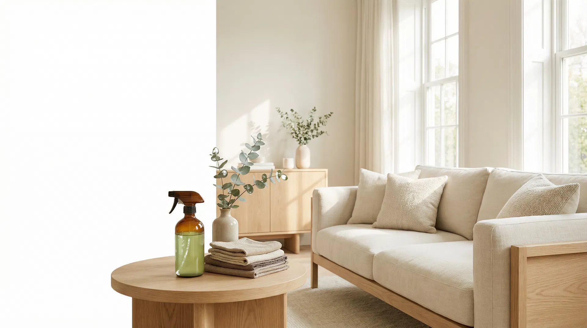 Bright, modern living room styled to reflect a fresh professionally cleaned home