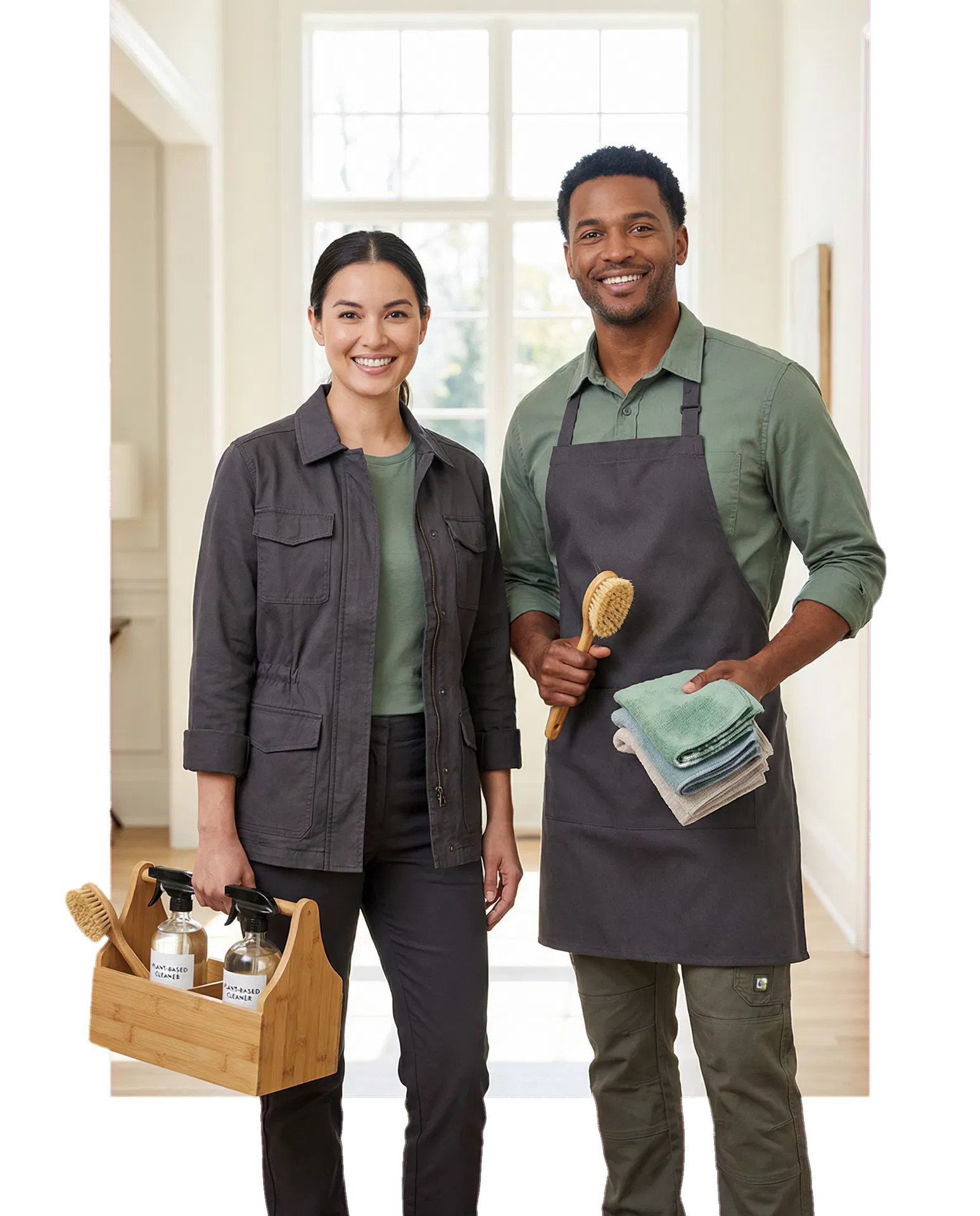 Professional cleaning team with branded gear and supplies
