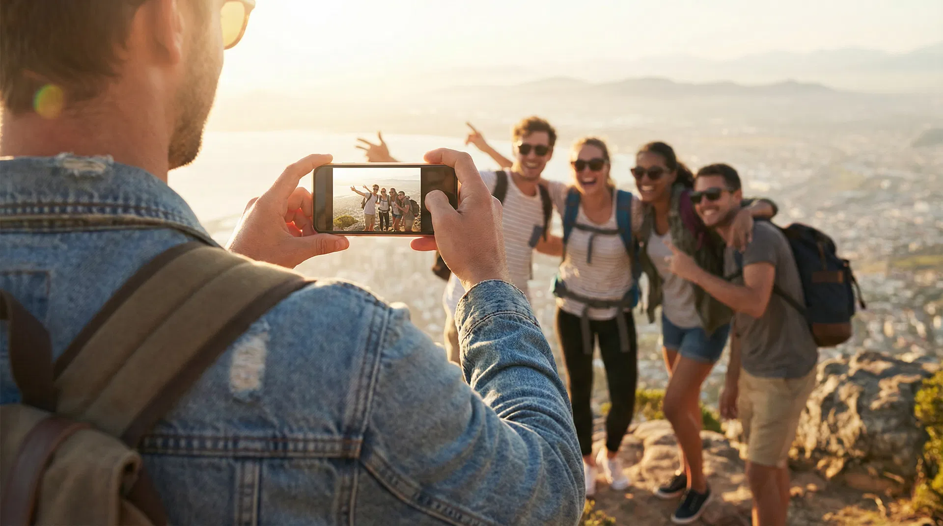Friends posing for a phone photo at a scenic travel overlook