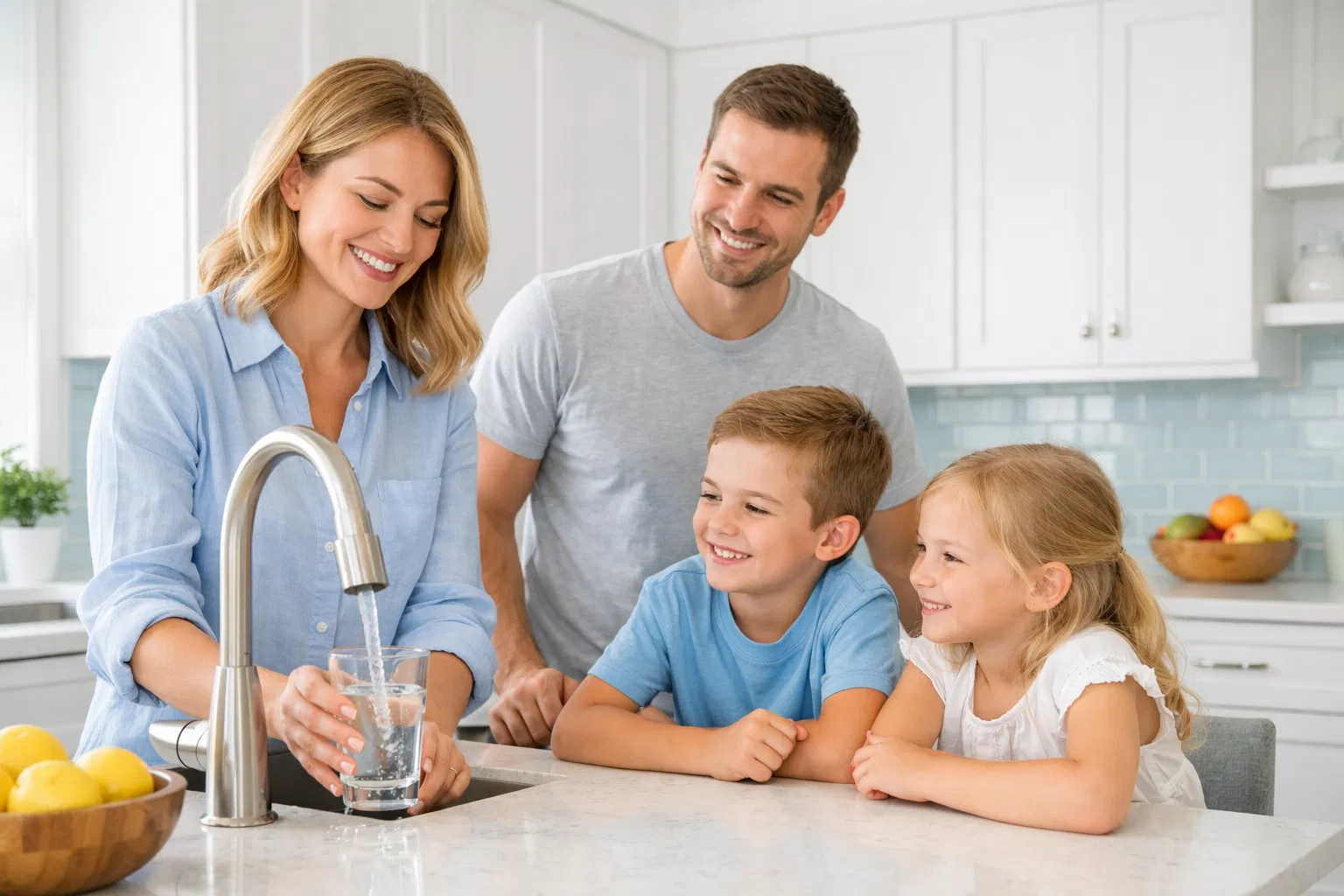 Family at home with clean water