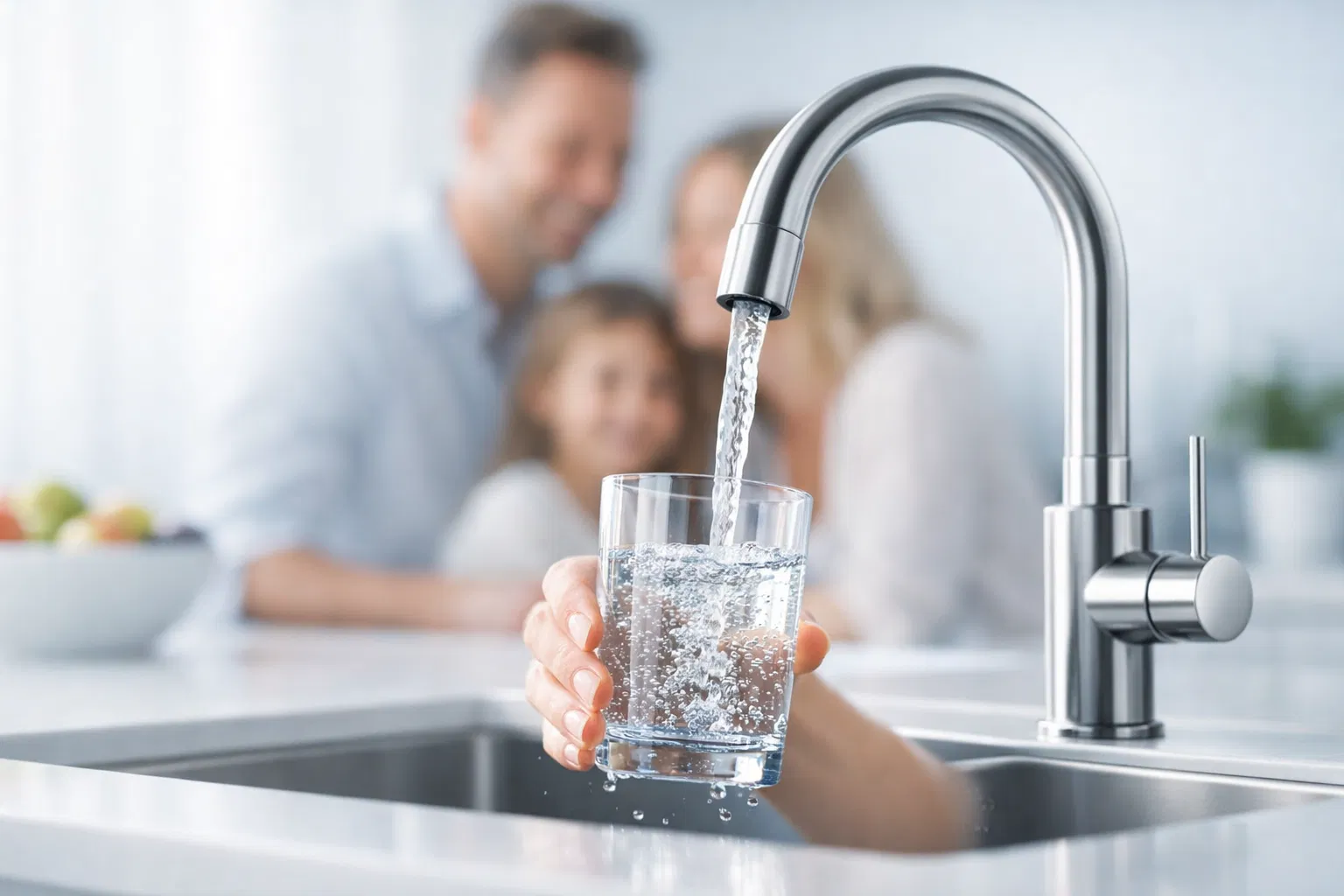 Clean water running from a faucet with a family in the background