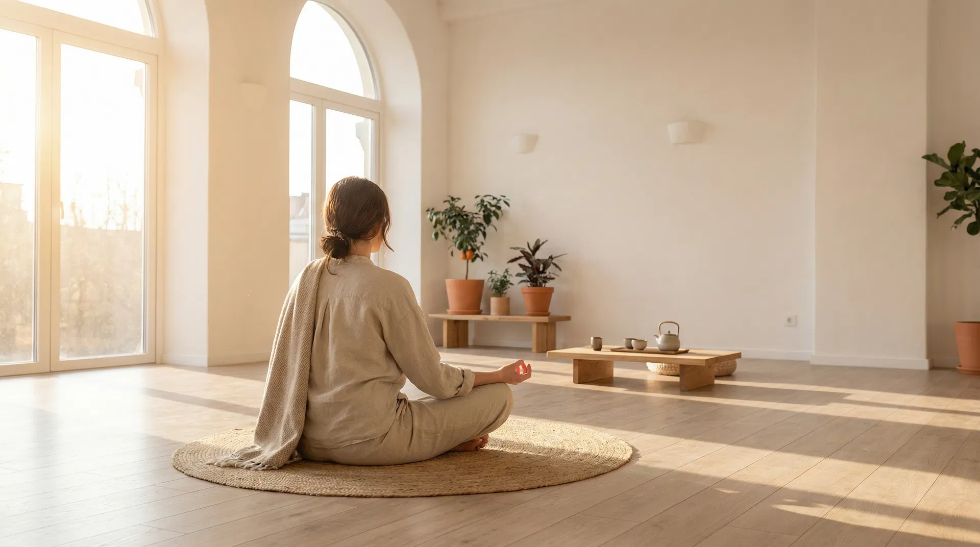 평온한 스튜디오에서 명상하는 모습