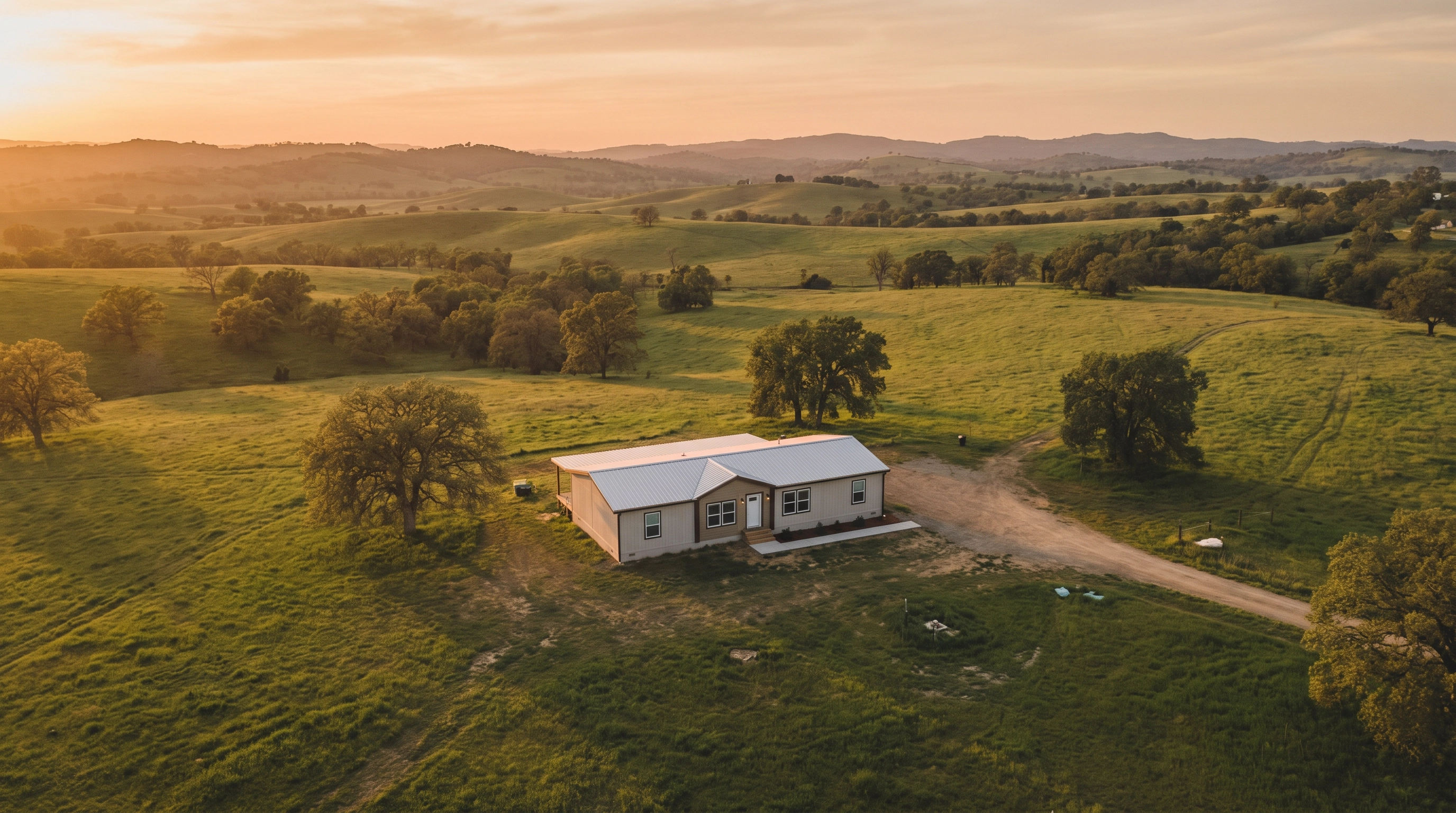 Aerial view of a mobile home on expansive green acreage at golden hour