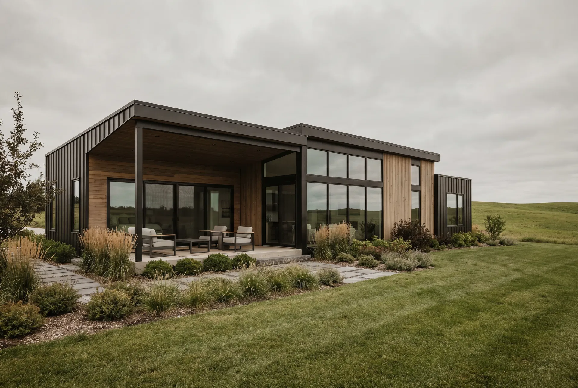 Modern manufactured home with contemporary design on green acreage