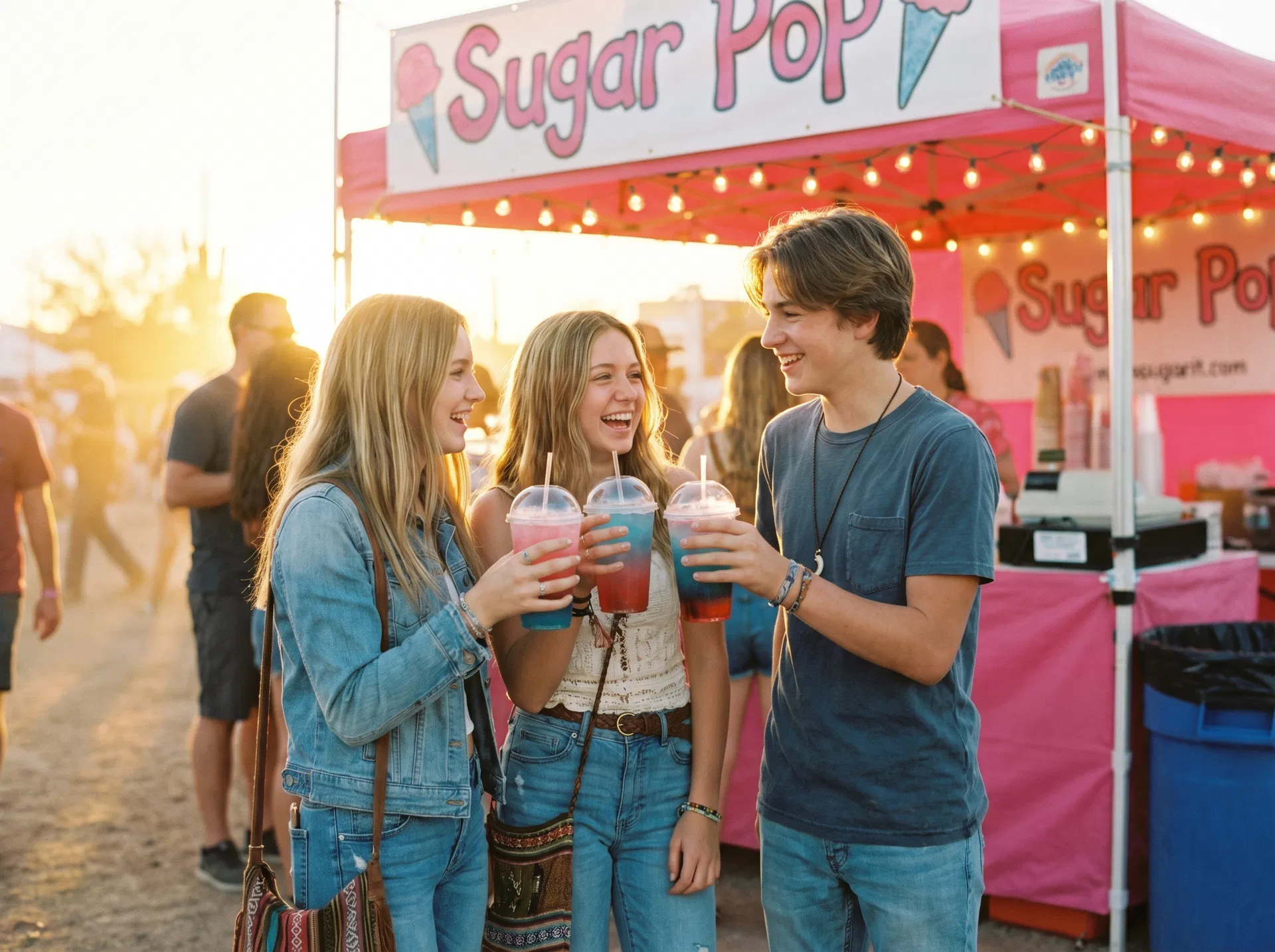Happy customers enjoying Sugar Pop drinks at a festival