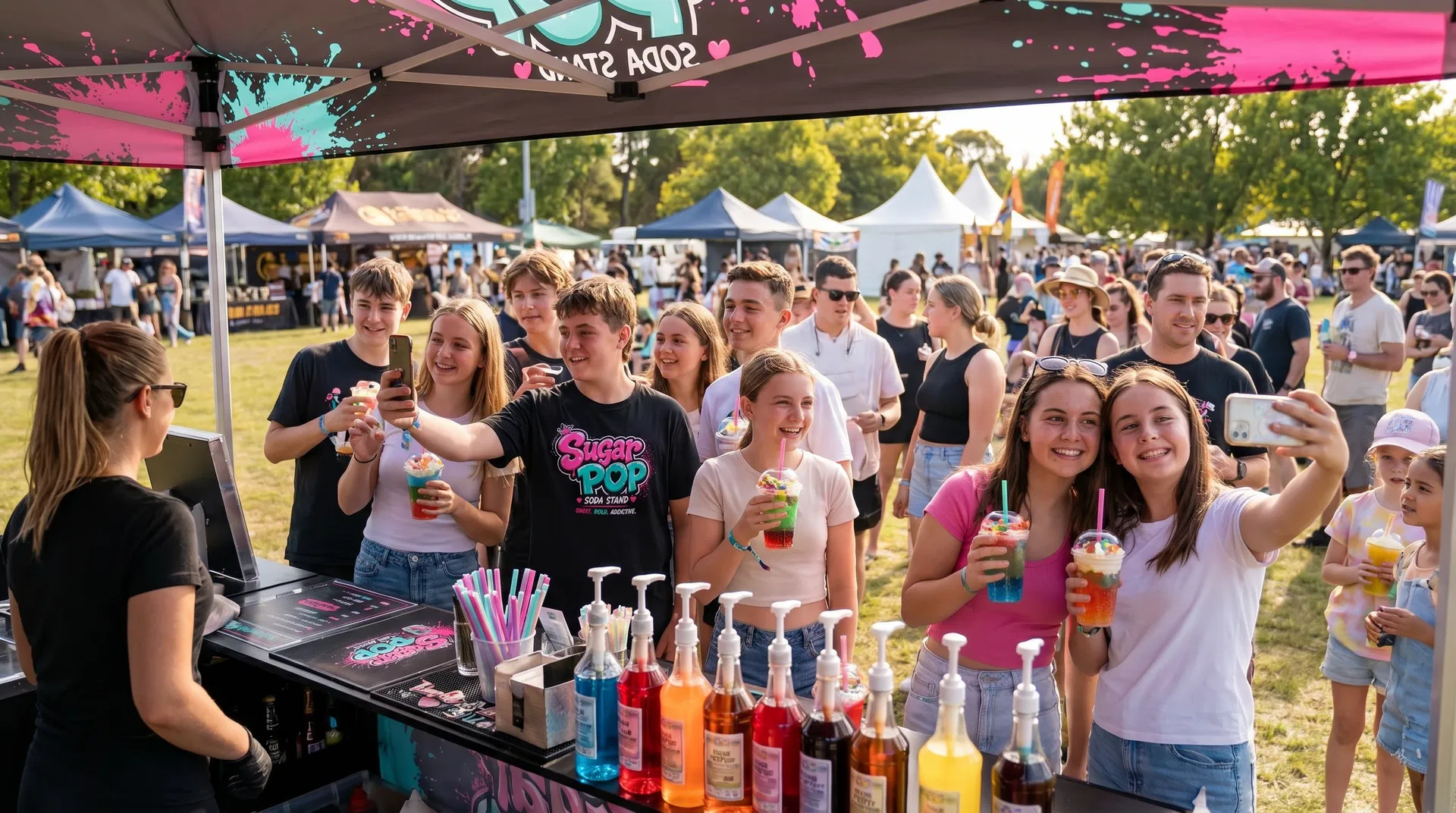 Happy customers lined up at the Sugar Pop Soda Stand