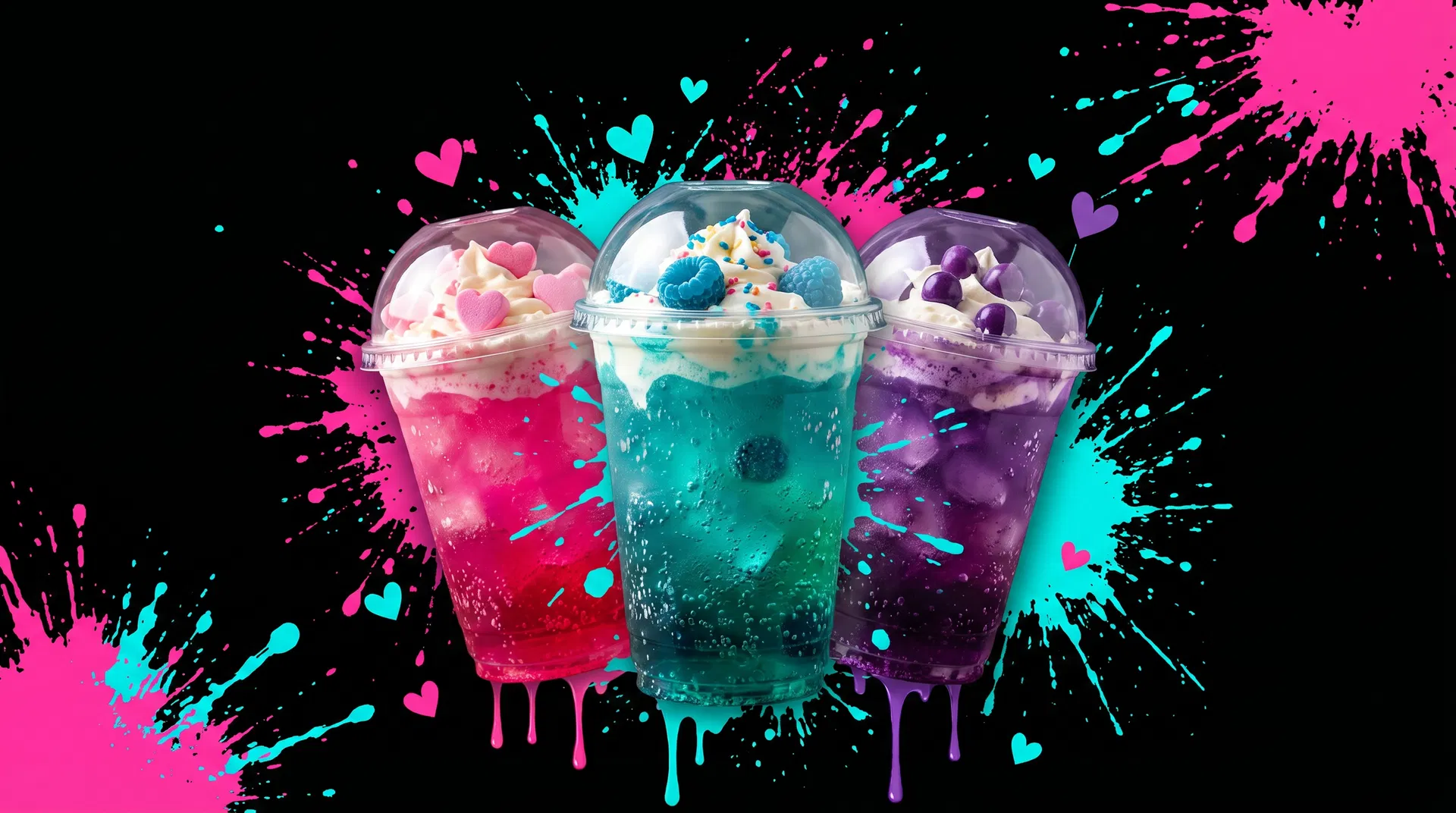 Colorful dirty sodas with candy toppings