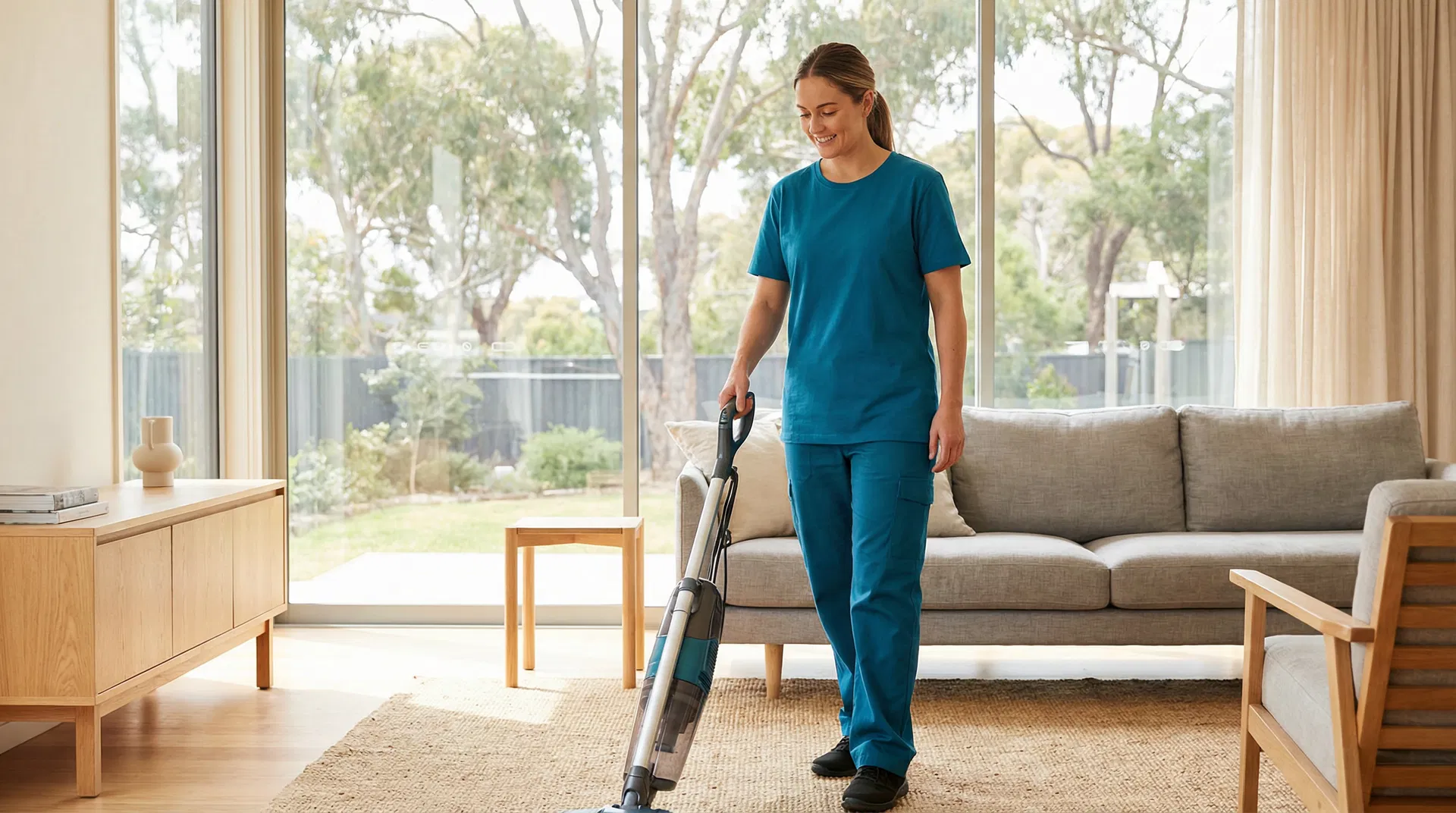 Professional cleaner thoroughly cleaning a kitchen