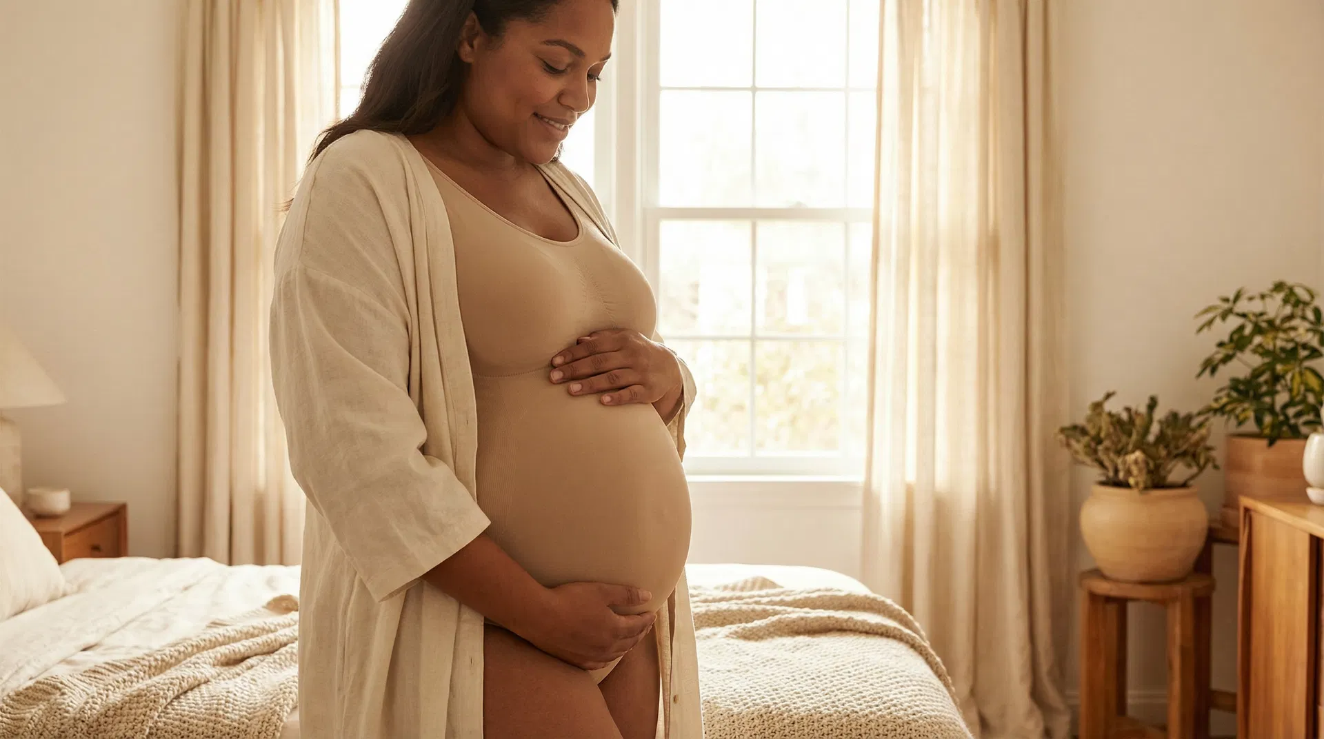 Pregnant woman with smooth round bump wearing TrueShape