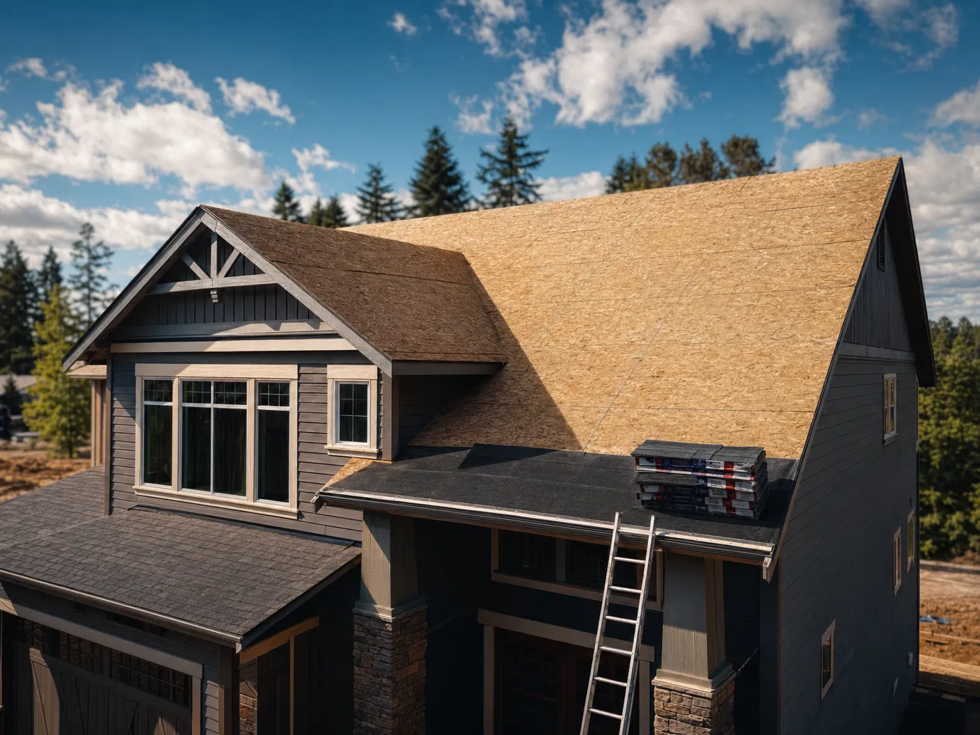 Bare roof decking with synthetic underlayment