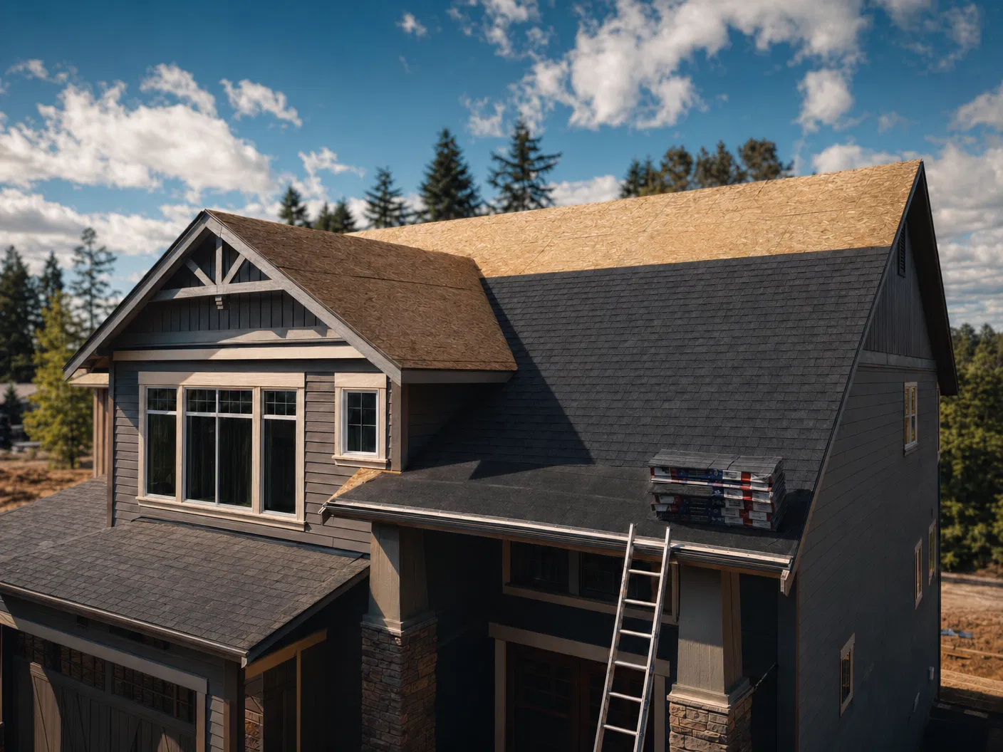 Roof half installed with architectural shingles