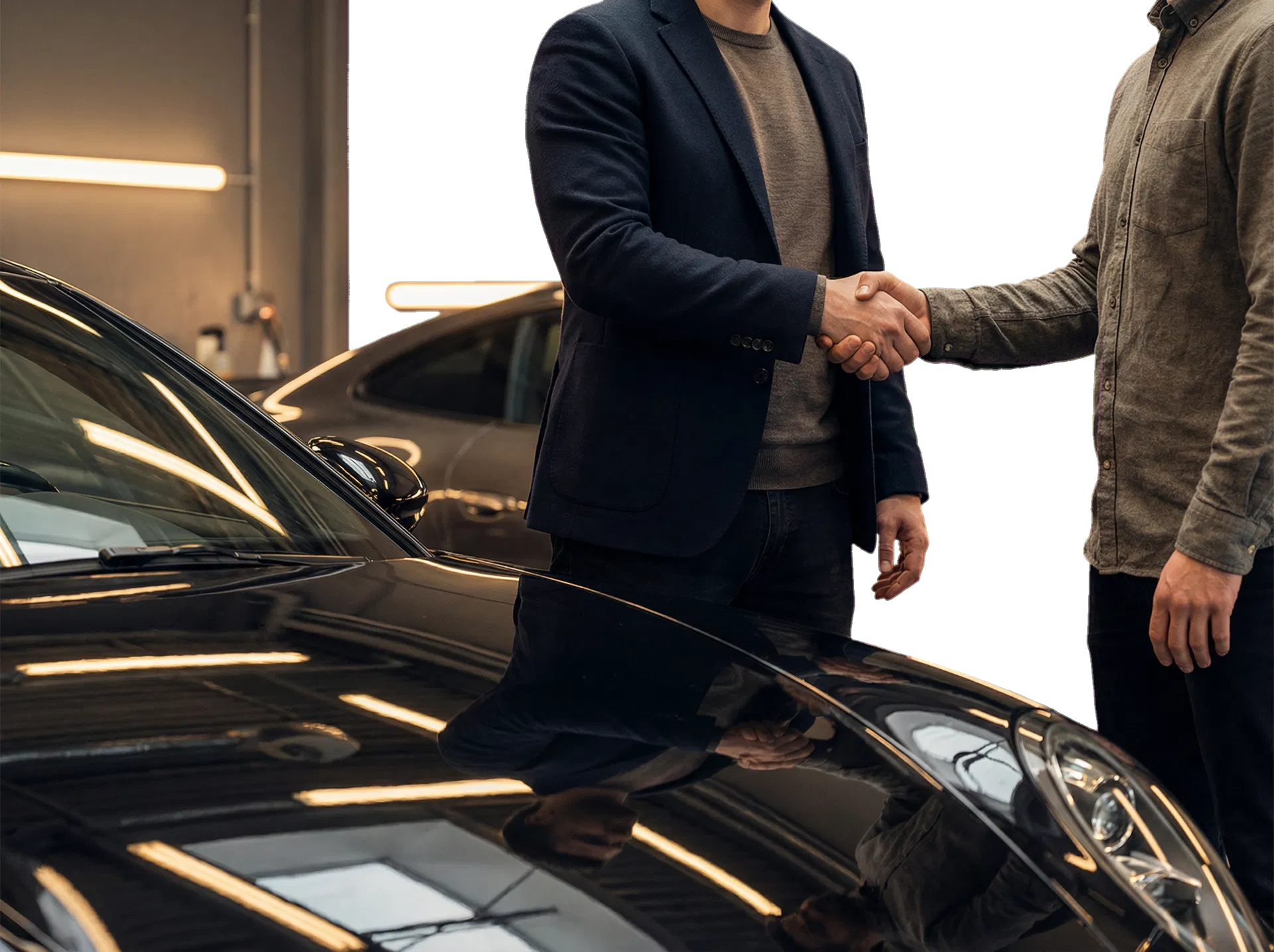 Handshake beside a polished vehicle inside a detail studio