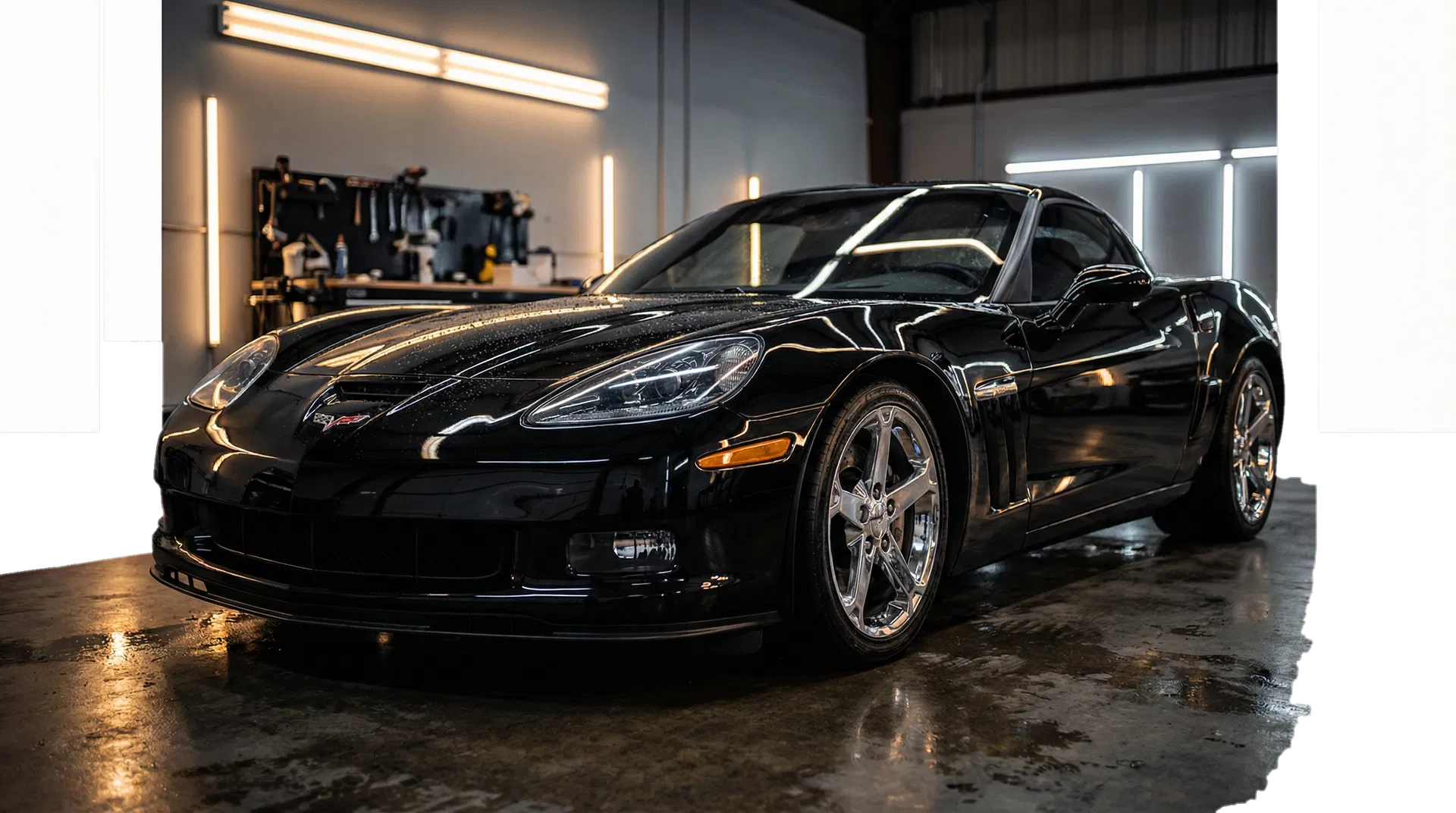 Premium black sports car inside a luxury detailing bay