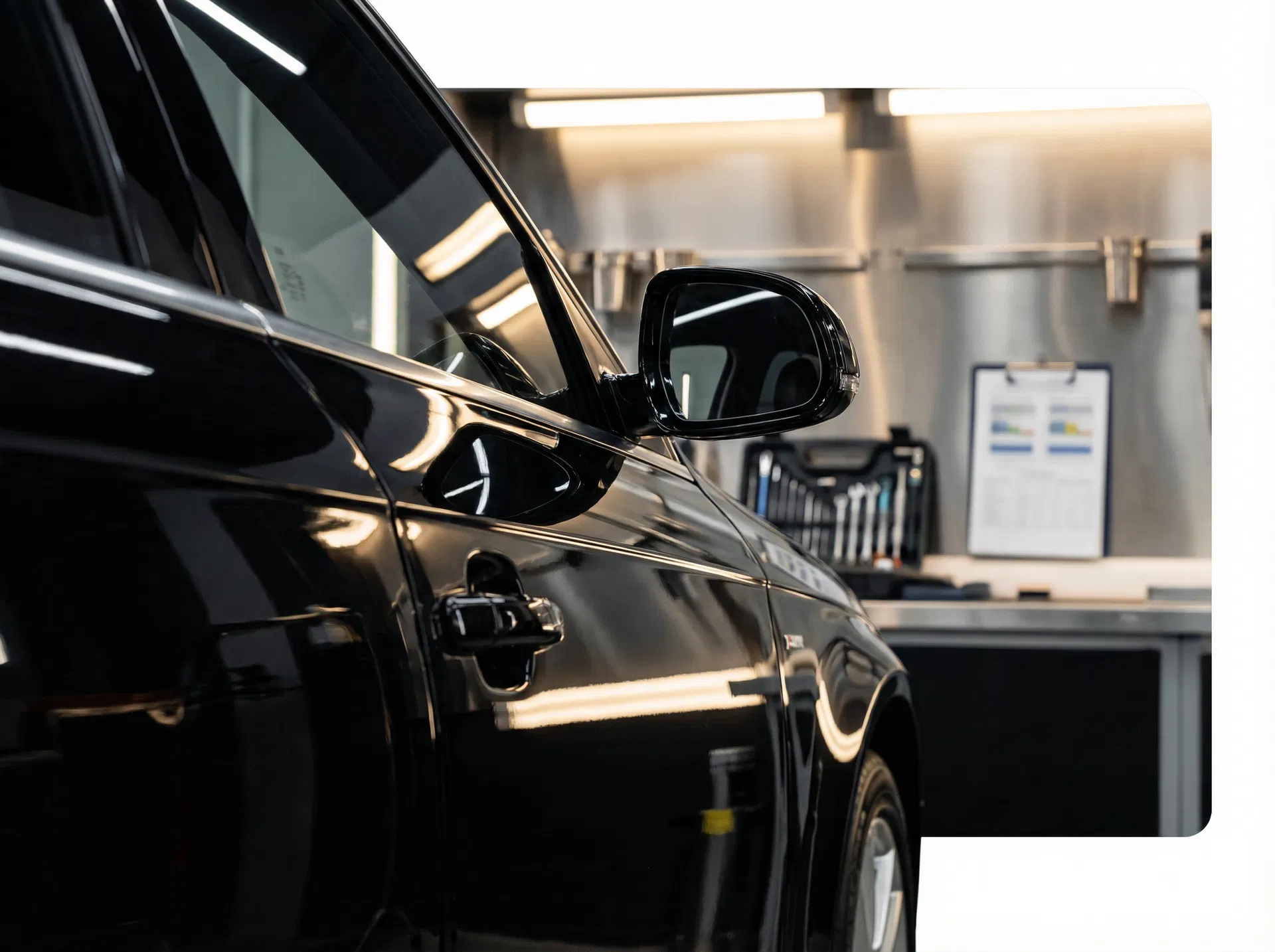 Black vehicle with premium reflections inside a clean detailing bay