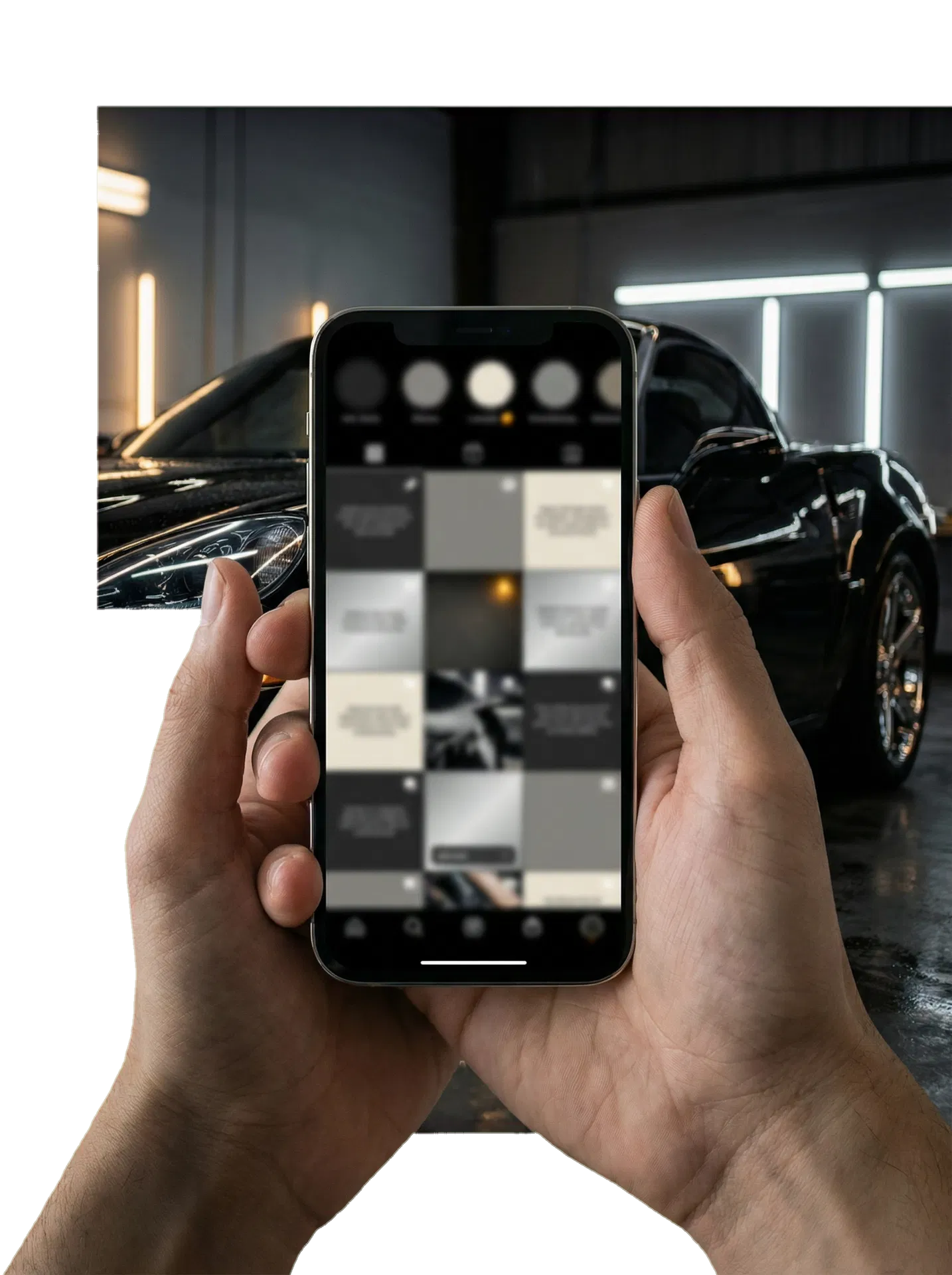 Phone in front of a polished black car representing content and lead capture