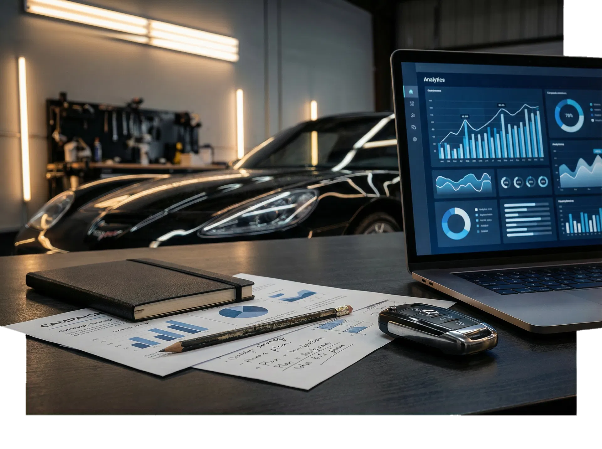 Strategy desk with laptop, notebook, analytics, and car key