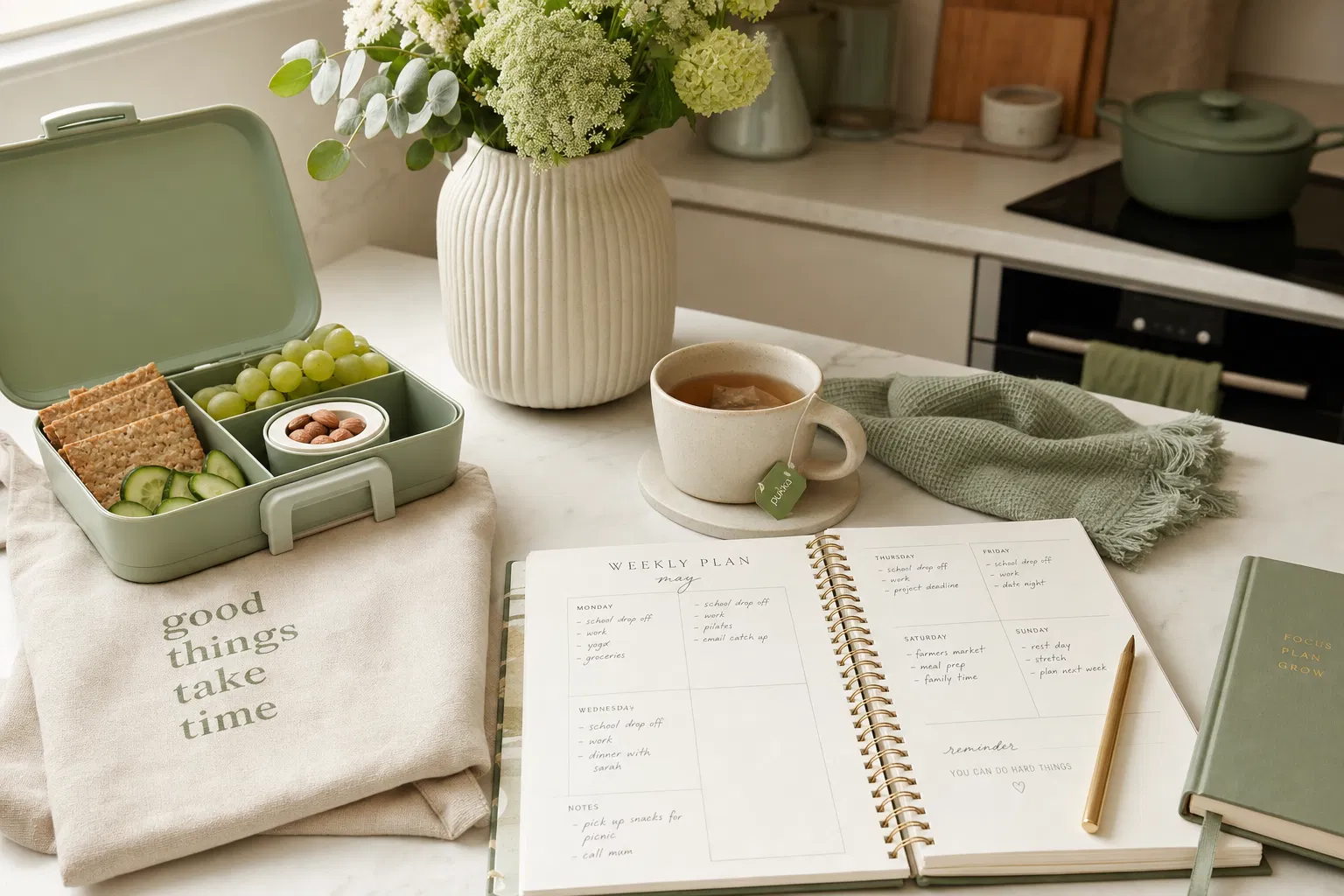 A calm, organized morning routine with a planner and herbal tea