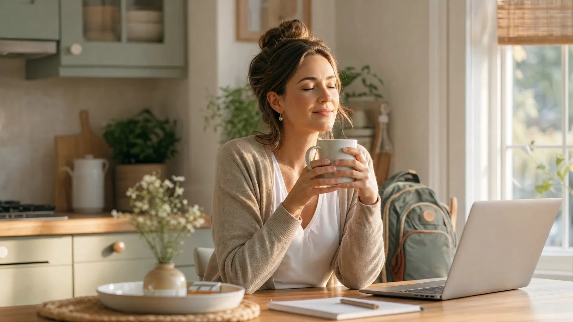 A calm, confident working mom enjoying a peaceful morning moment