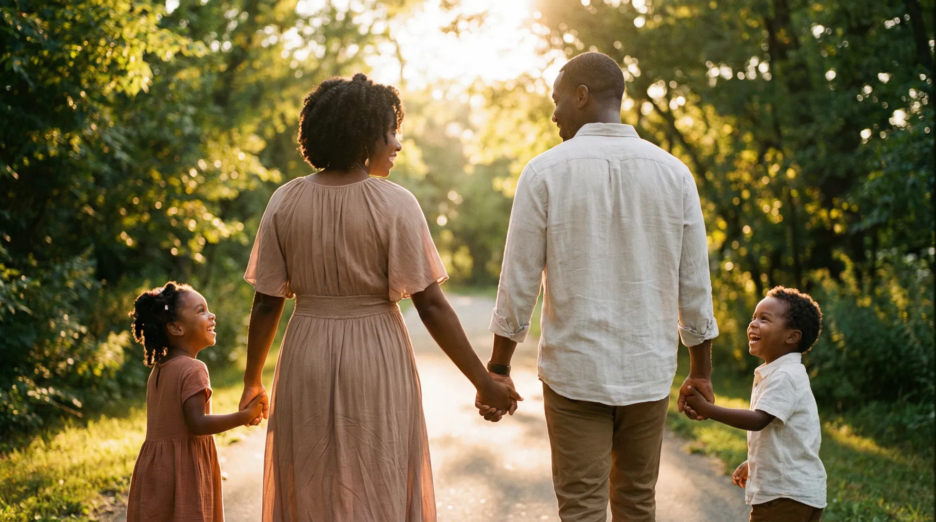 Family walking together toward a bright future
