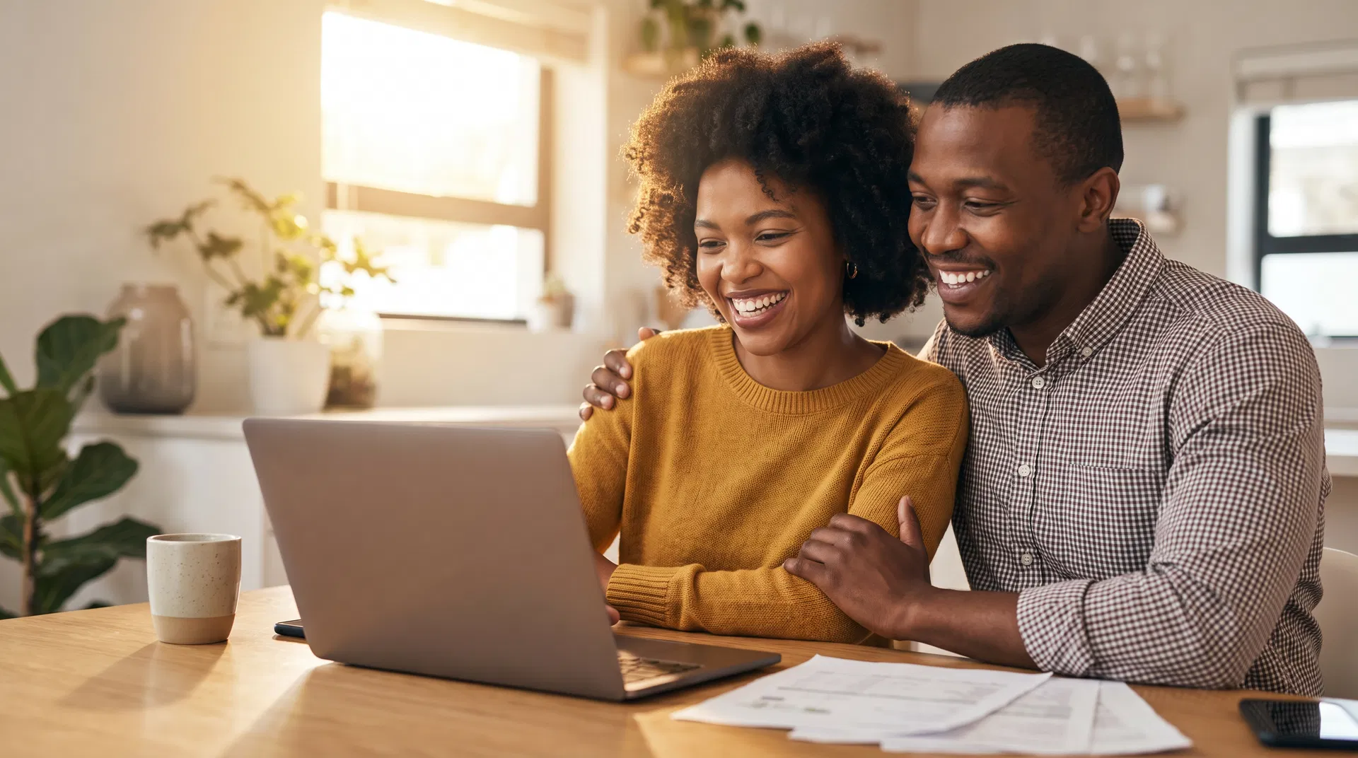 Happy couple reviewing tax documents with relief