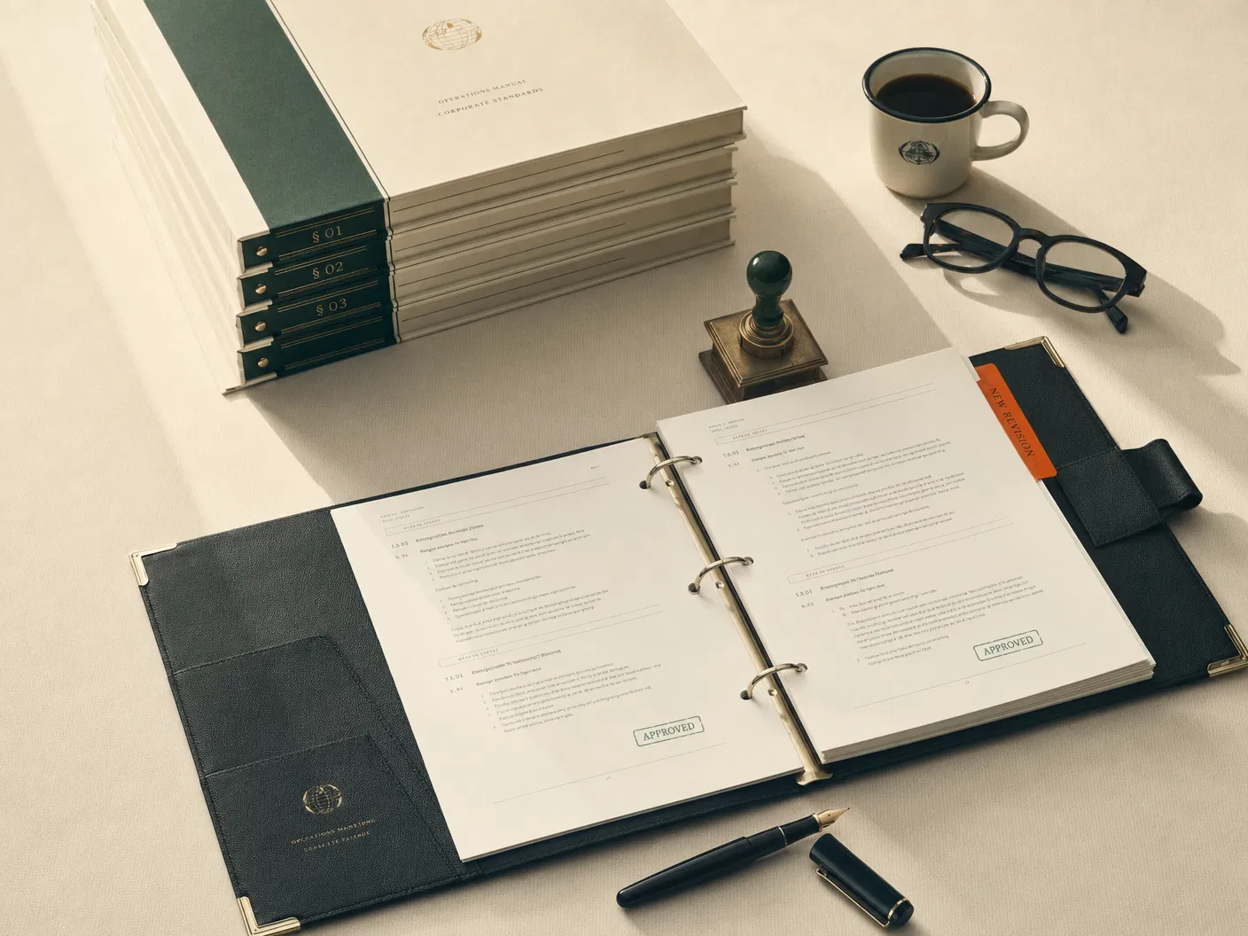 A bound stack of PP operations manuals on a desk.