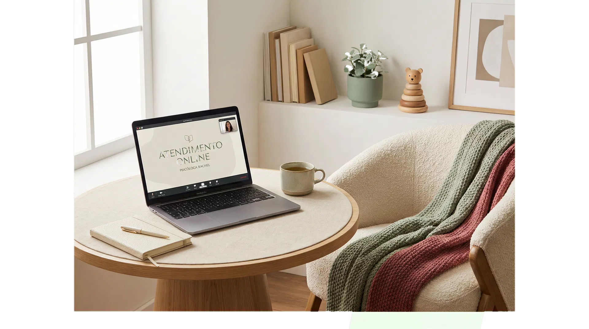Ambiente acolhedor de atendimento online com notebook, poltrona clara e elementos suaves do universo familiar