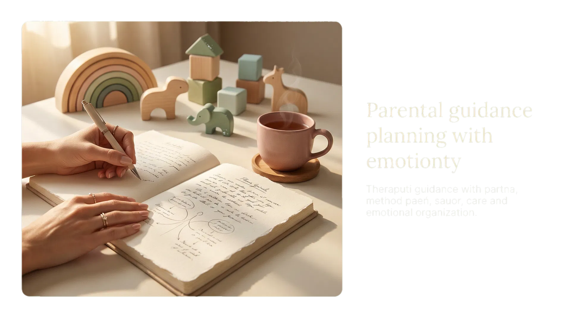 Caderno de planejamento, mãos escrevendo e objetos delicados representando orientação parental com método e cuidado