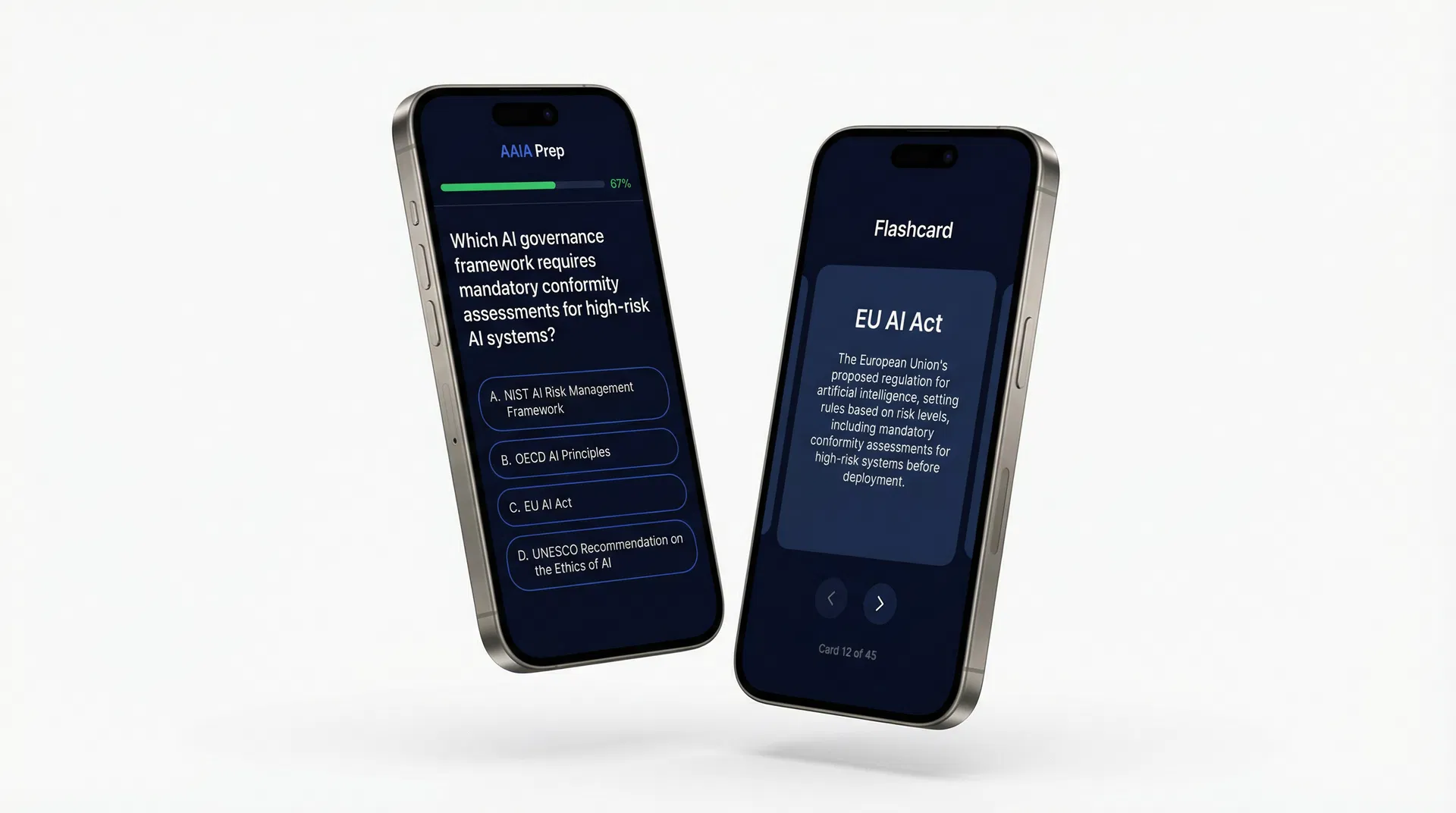 AAIA Prep app showing a practice question and flashcard on two iPhone screens