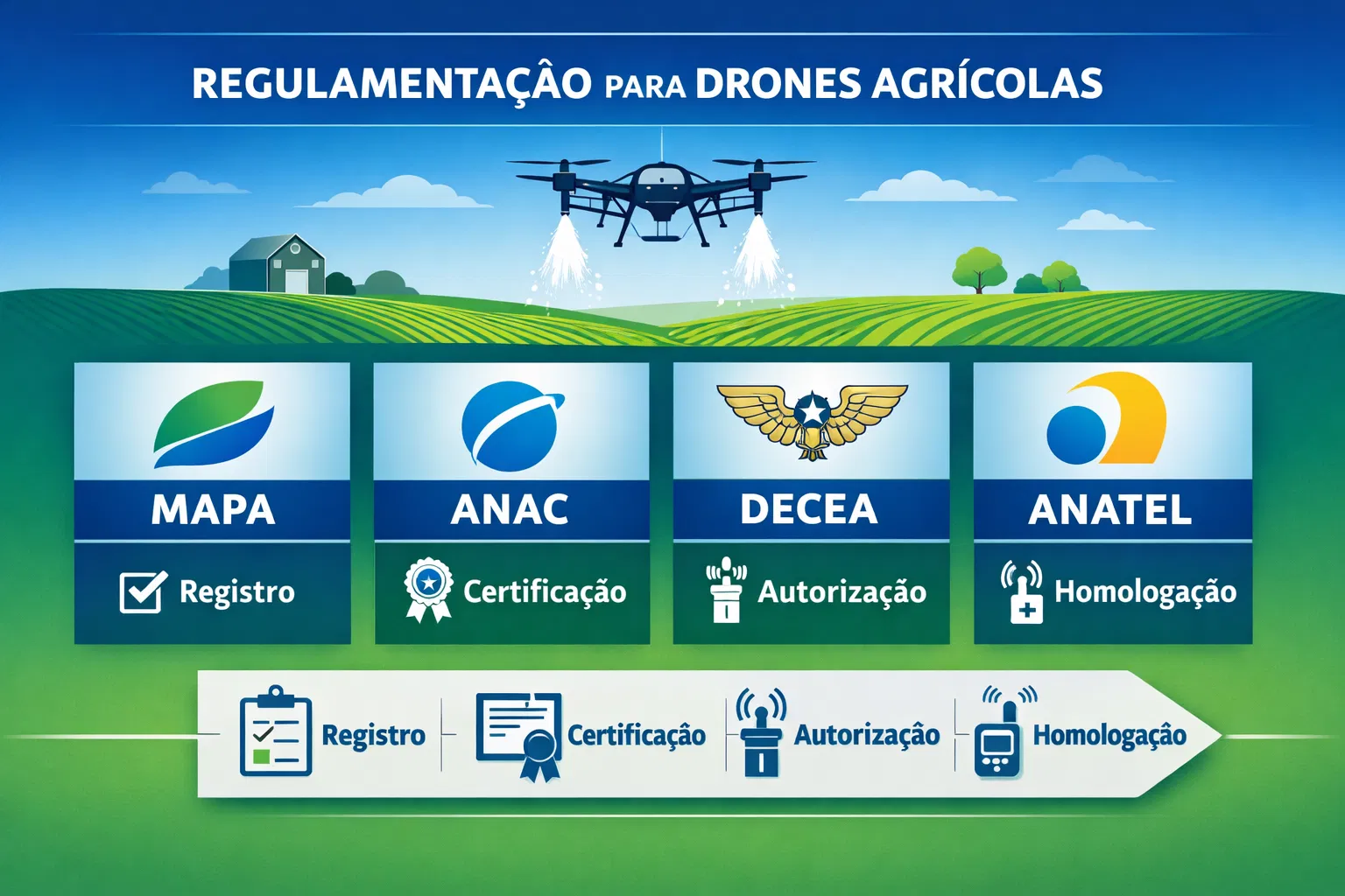 Infográfico de conformidade regulatória para drones agrícolas em Português