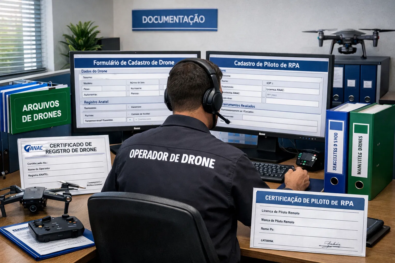 Operador de drone em ambiente profissional com documentação em Português